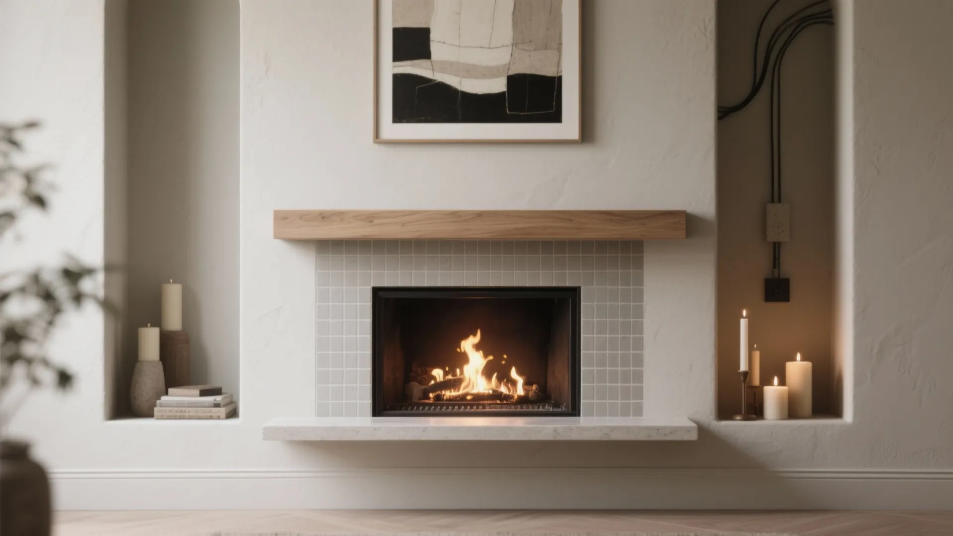 Modern fireplace with wooden mantel white tile surround marble hearth wall art and decorative candles