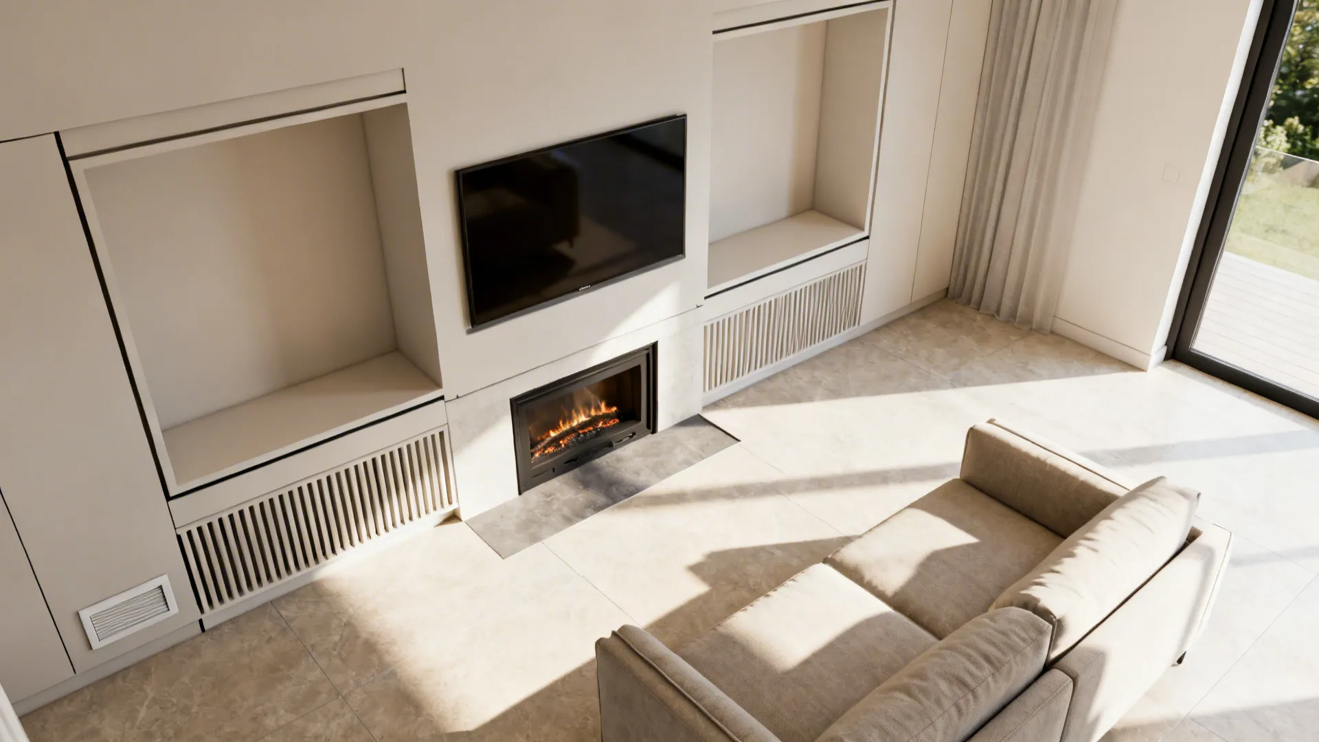 Top-down view of a corner niche layout with TV, fireplace, and clearances