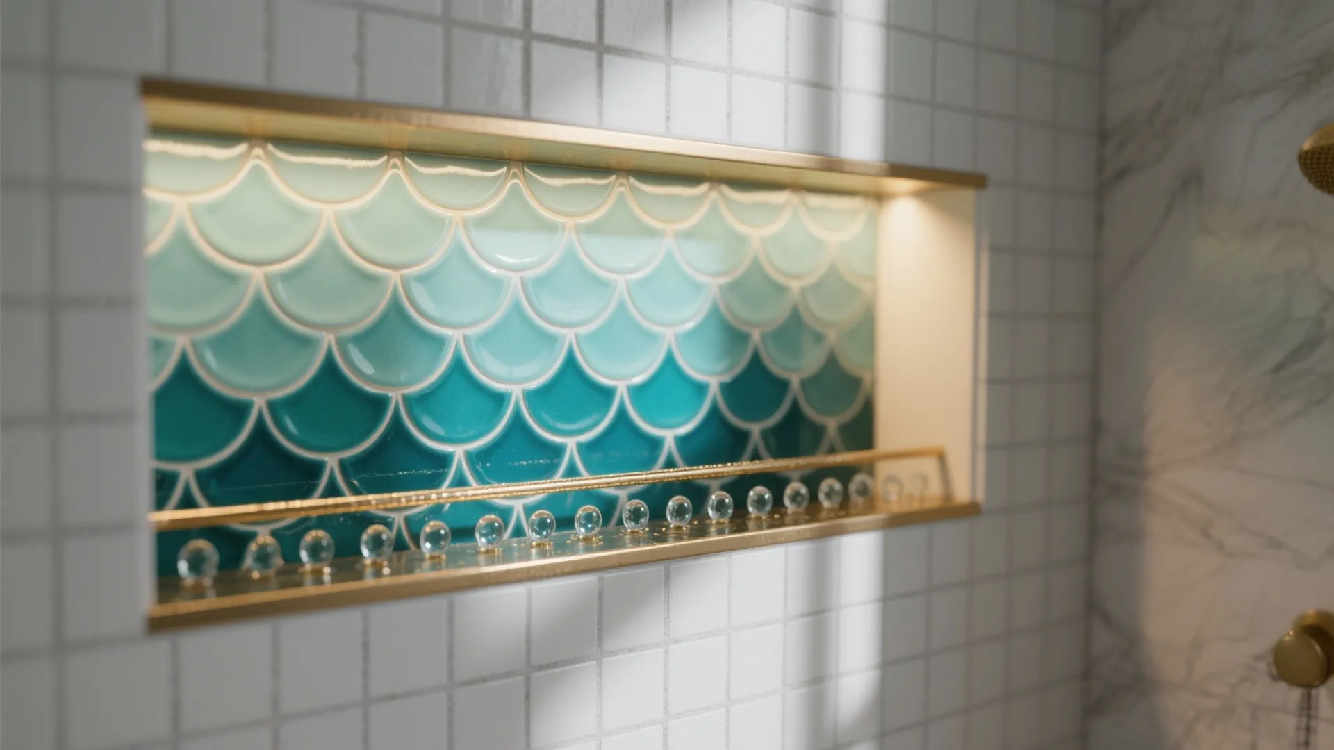 Modern shower wall with teal fish scale tiles in a gold shelf and white wall