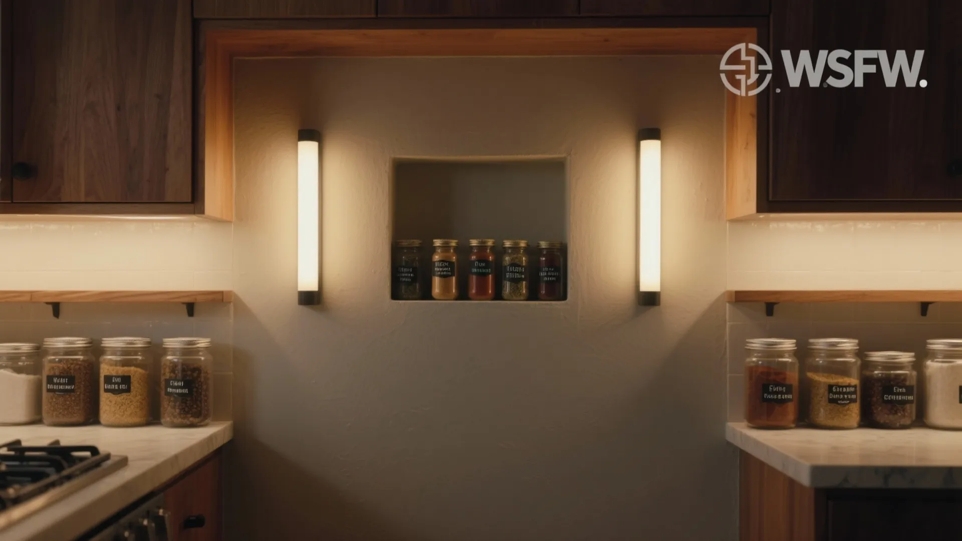 5) Vertical light columns flanking a shallow niche