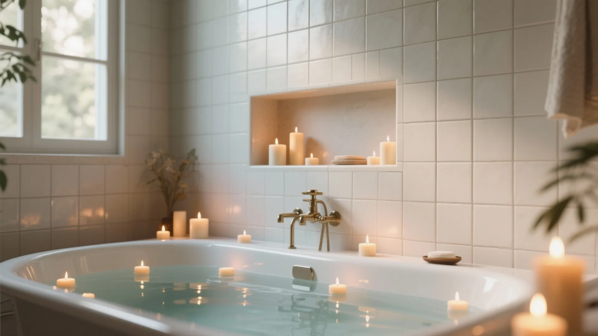 Cozy bathroom interior with white tiled walls candles in a wall niche and filled bathtub