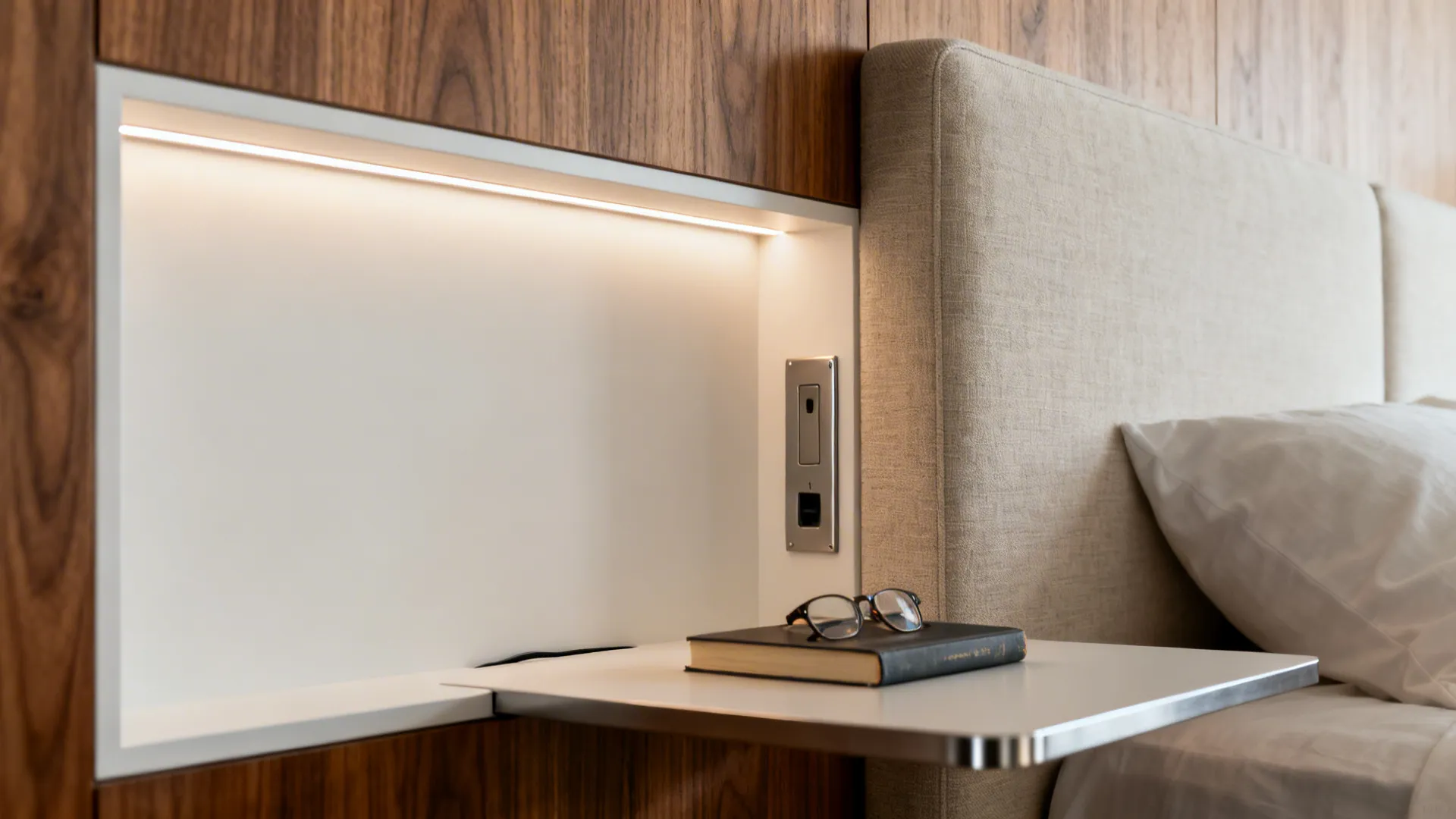 Built in wall panel with light fixture above small shelf holding a book and glasses