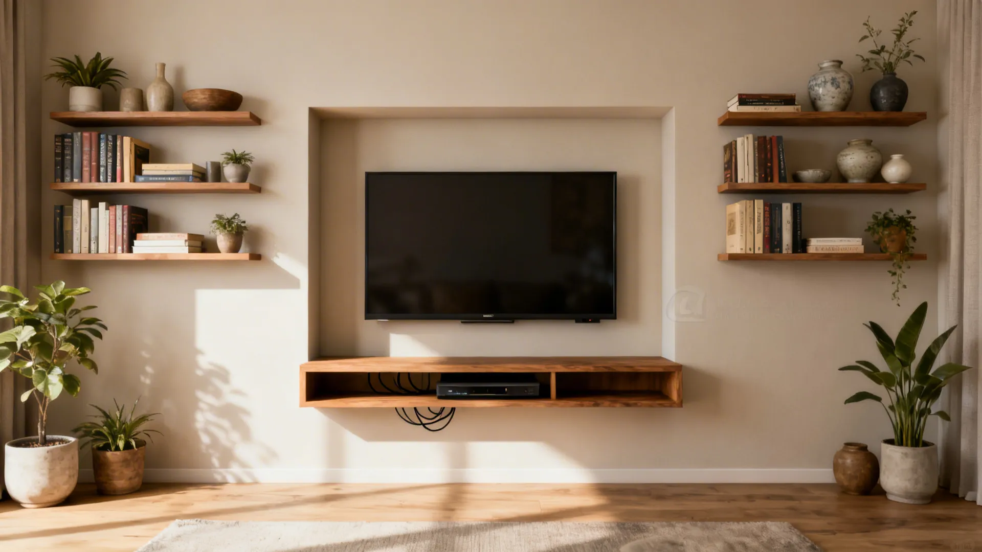 Recessed TV niche with symmetrical floating shelves and a slim console in a small living room