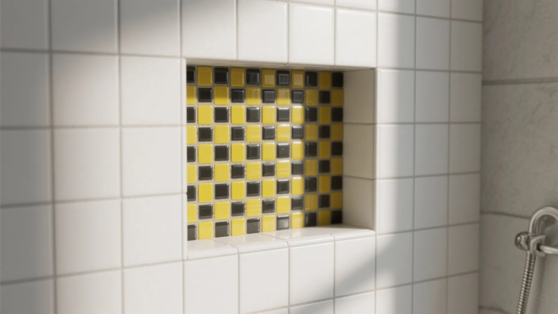 Macro detail of a shower niche with a citron-and-charcoal mosaic focal framed by matte white field tiles.