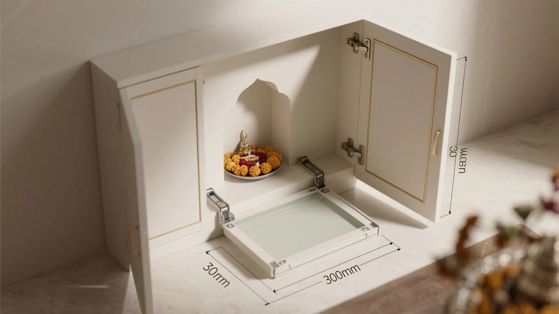 Top-down view of fold-out niche altar showing depth, hinge, support, and kneeling clearance.
