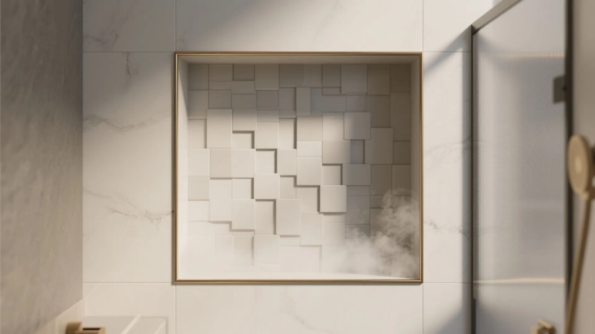 Modern bathroom wall with recessed storage shelf featuring textured white tiles and a gold frame