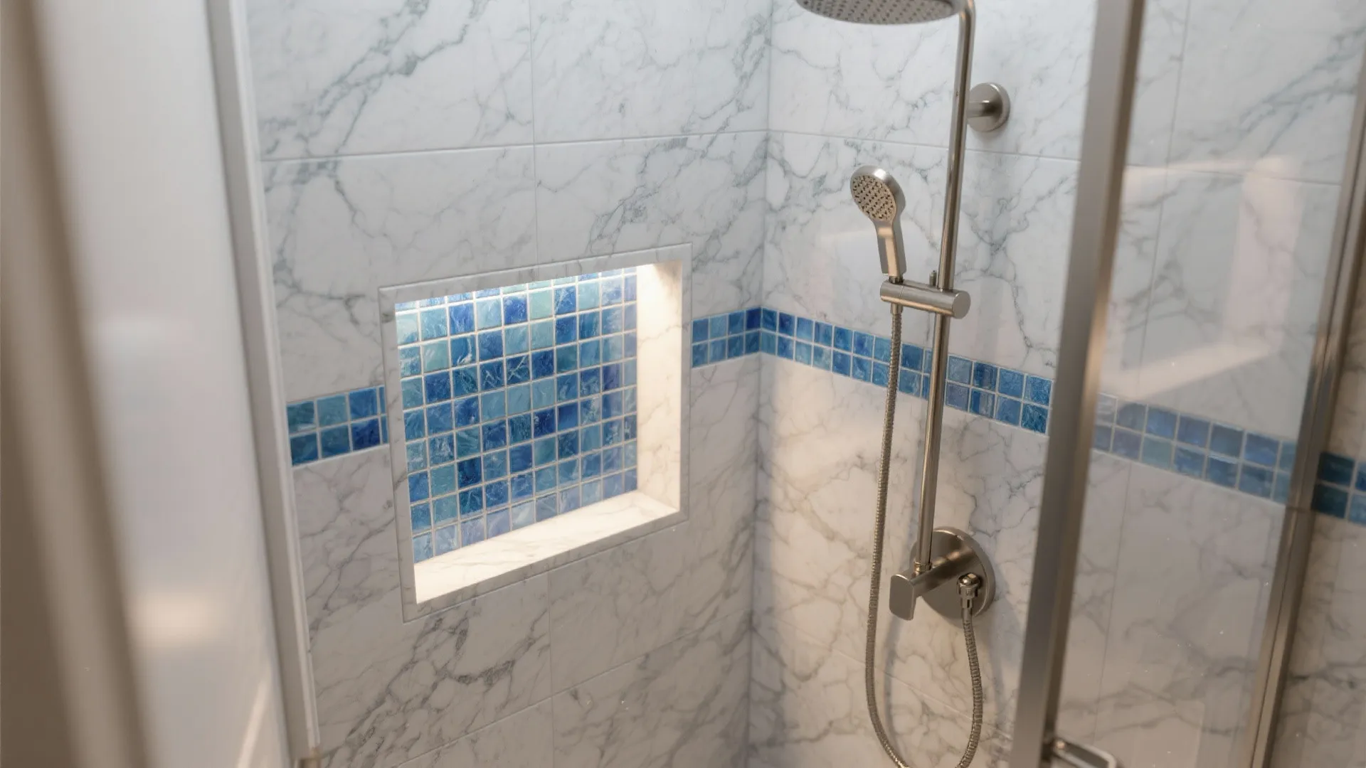 Blue Marble Mosaic Niches and Backsplash Glow