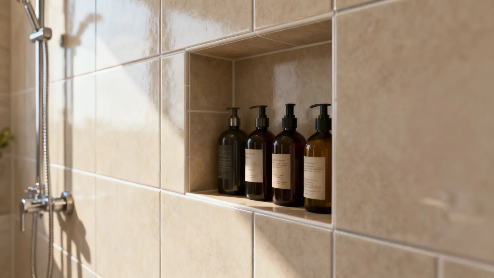 Tiled half wall with an integrated recessed niche holding shower bottles, showing grout and tile texture.