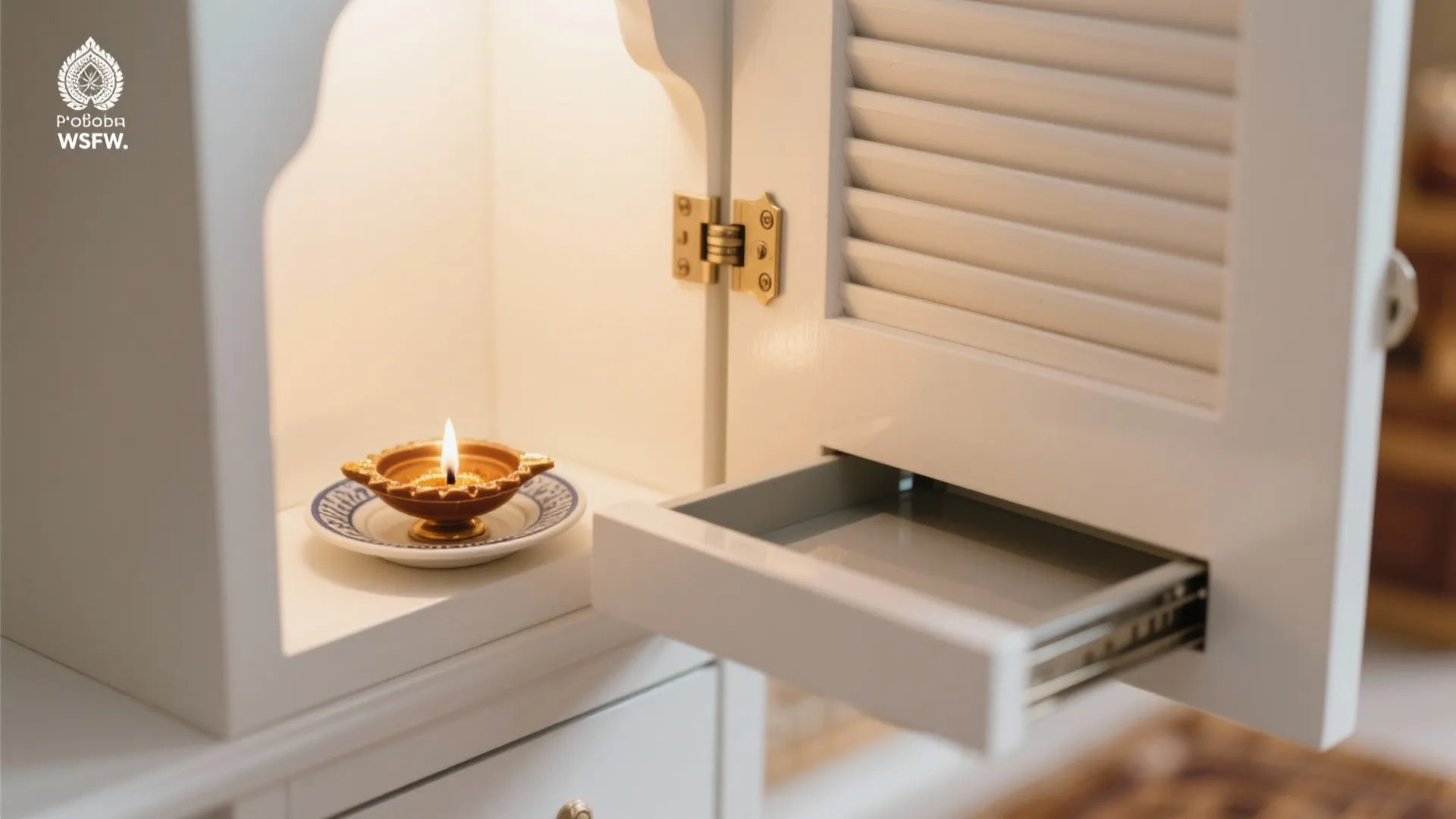 Fold-away pooja niche inside a living room cabinet