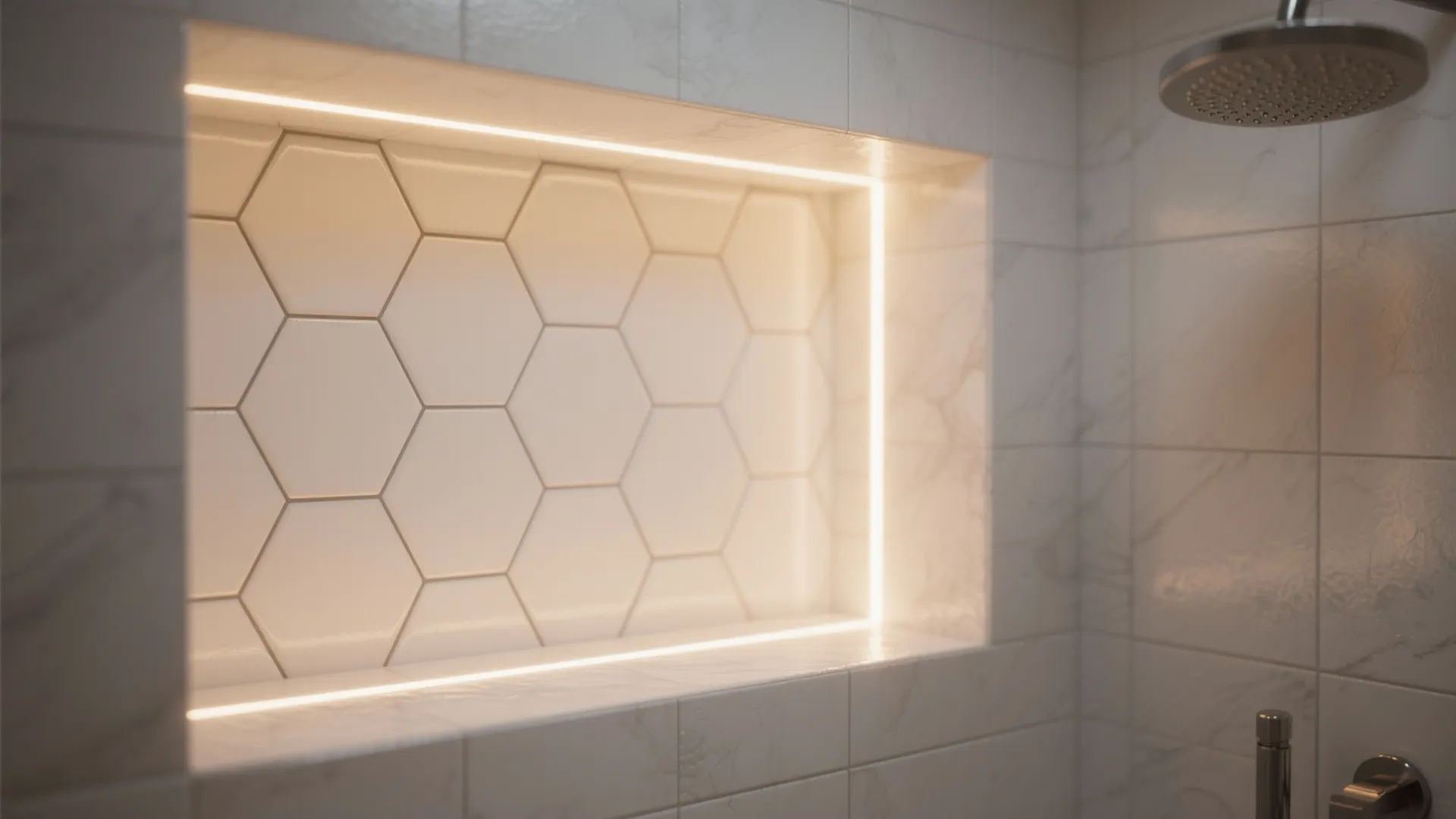 Modern bathroom shower wall niche with hexagon tiles and warm led strip light fixture detail