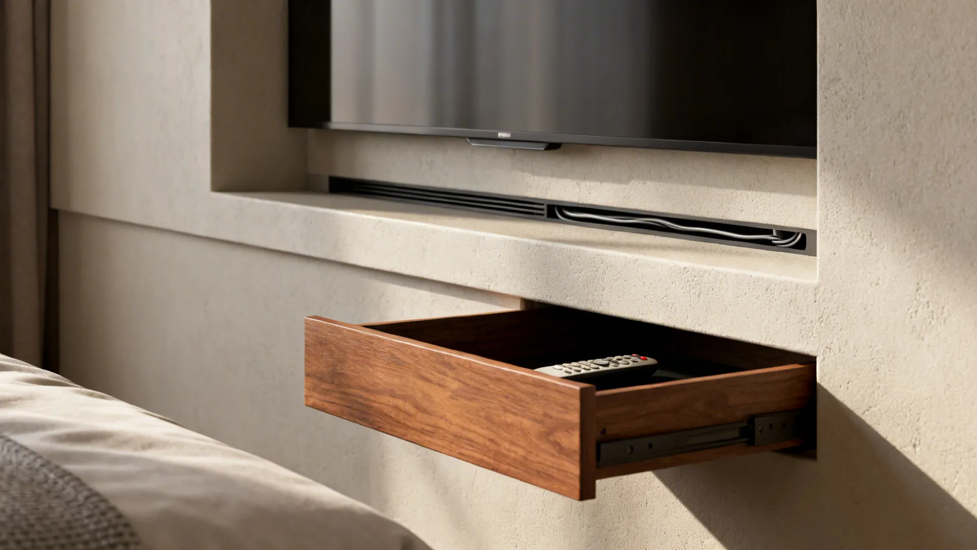 Recessed TV niche with hidden drawer storage and concealed cables in a bedroom