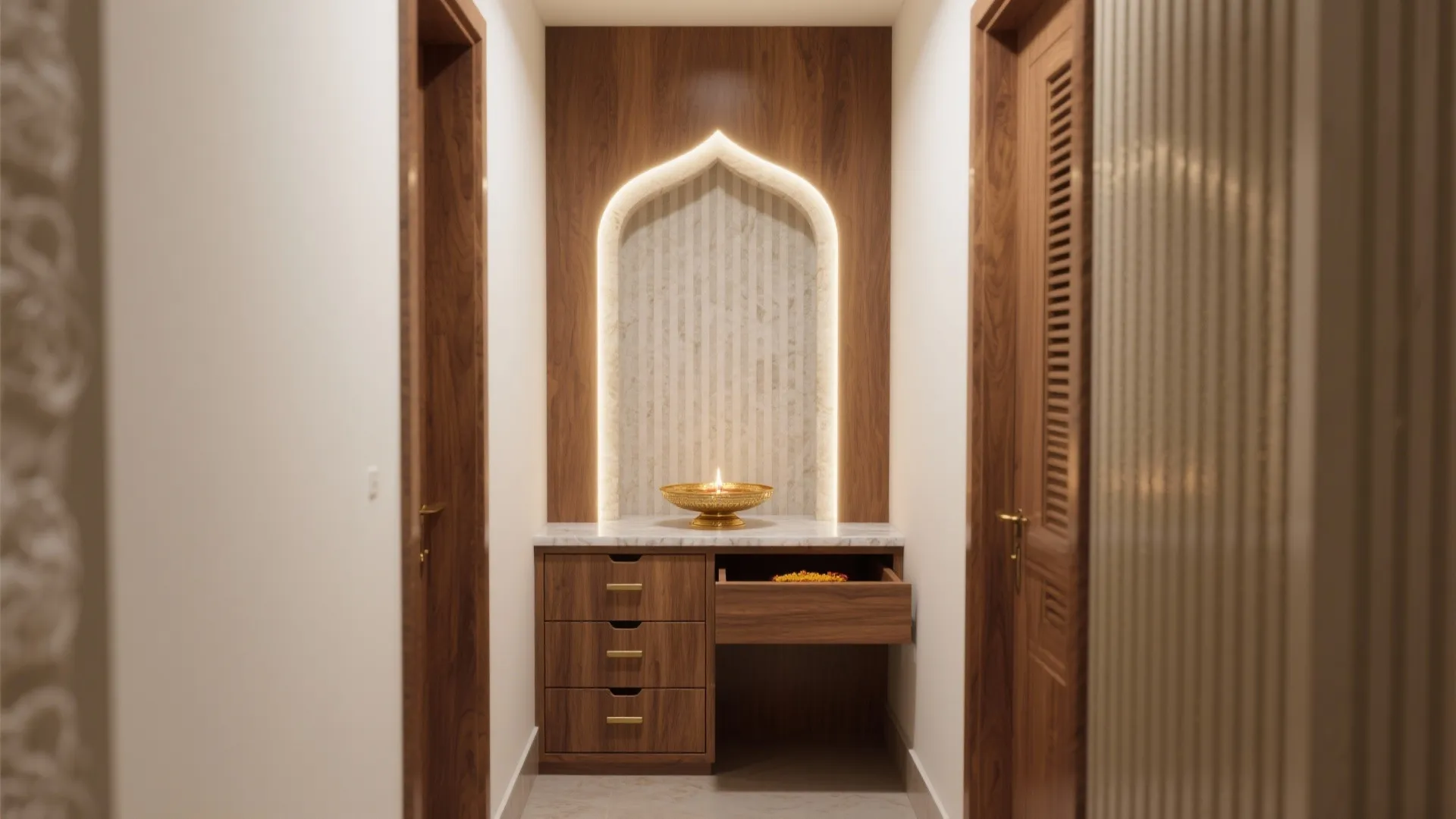 Minimalist Pooja Niche With Hidden Storage