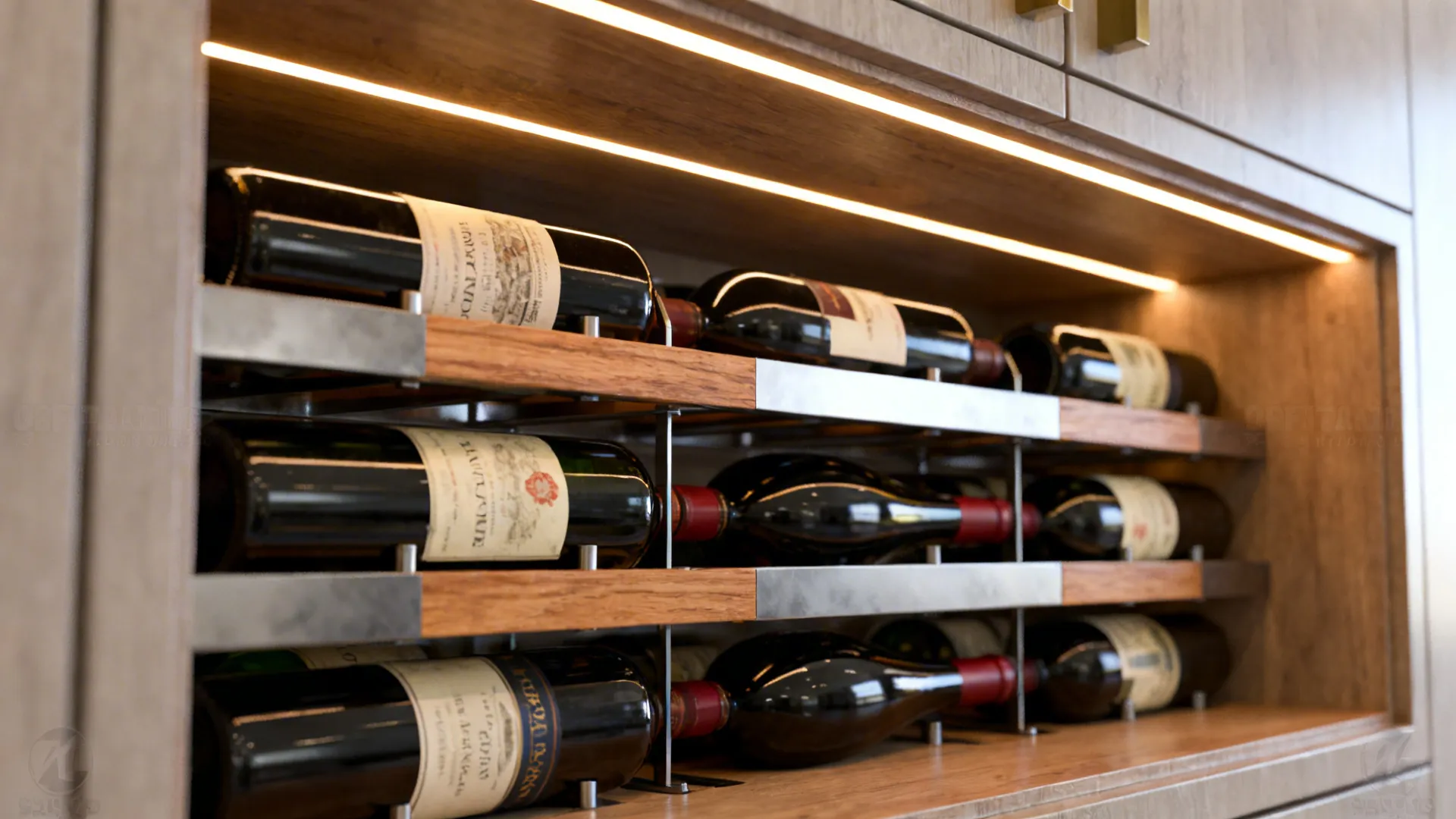 Close-up of a recessed wine niche with horizontal wooden racks and warm LED lighting