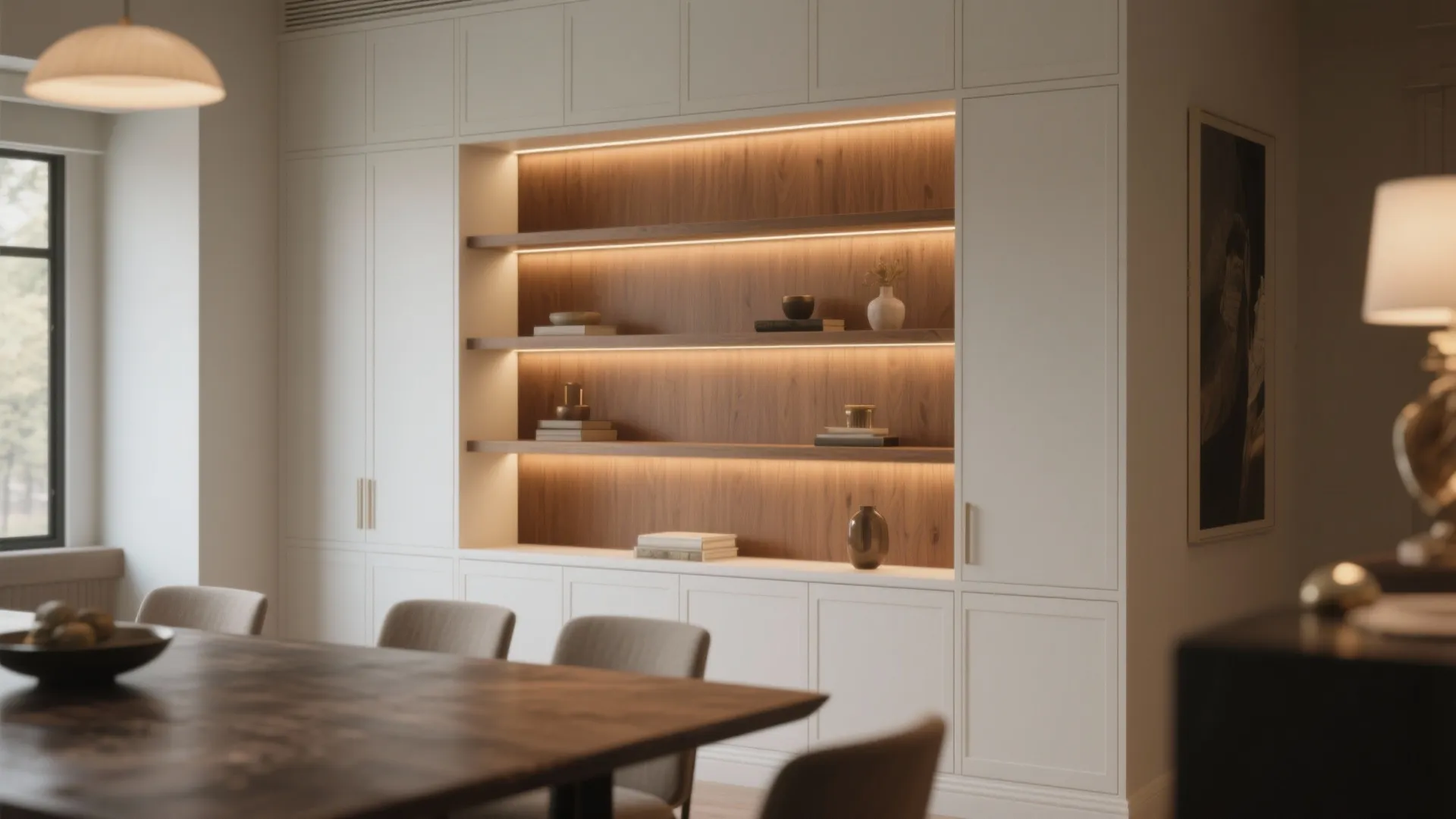 Modern white cabinet with built in wooden shelves featuring warm light fixture and decorative vases