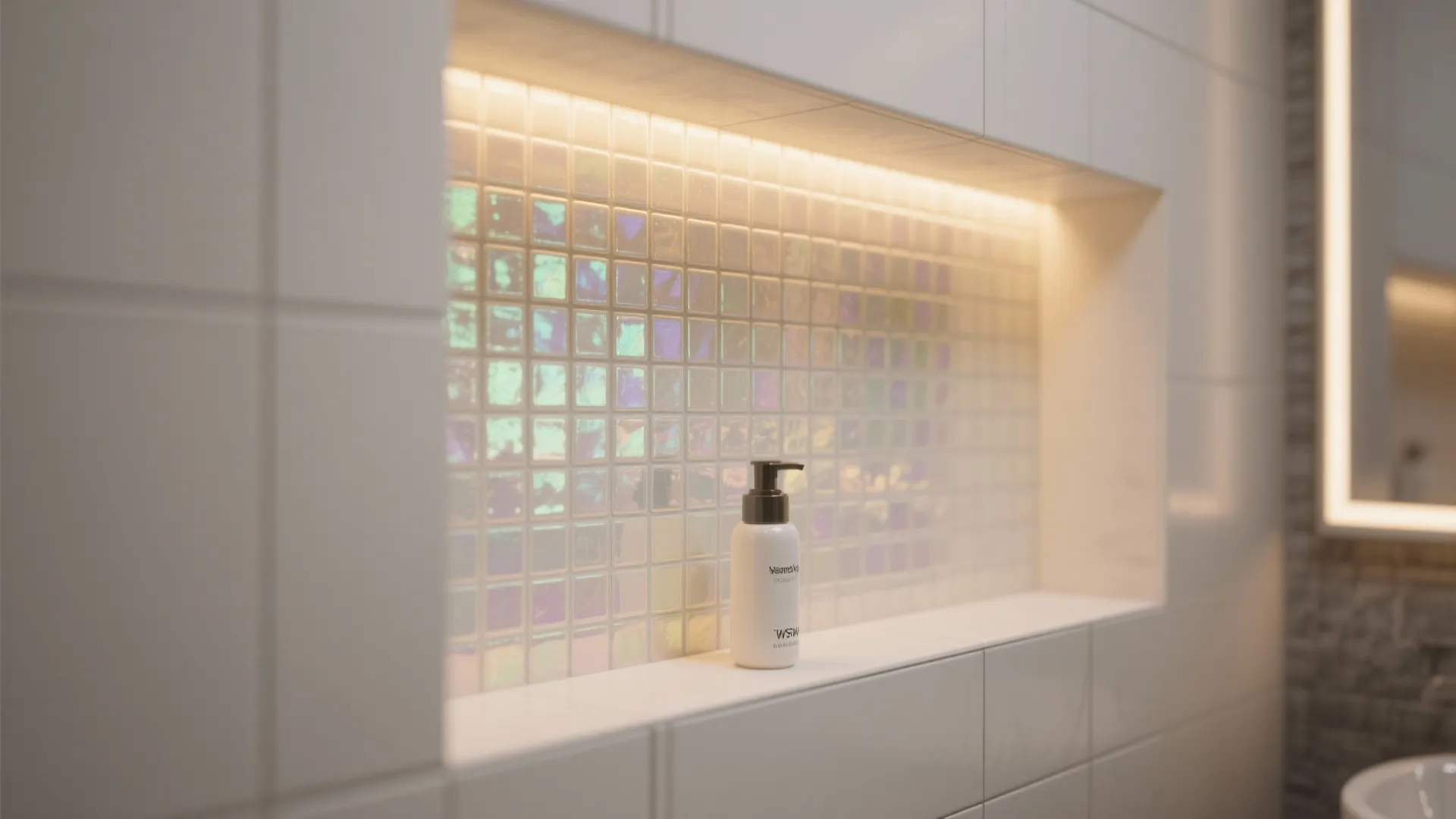 Modern bathroom wall niche with iridescent mosaic tiles, warm hidden lighting, and white soap bottle