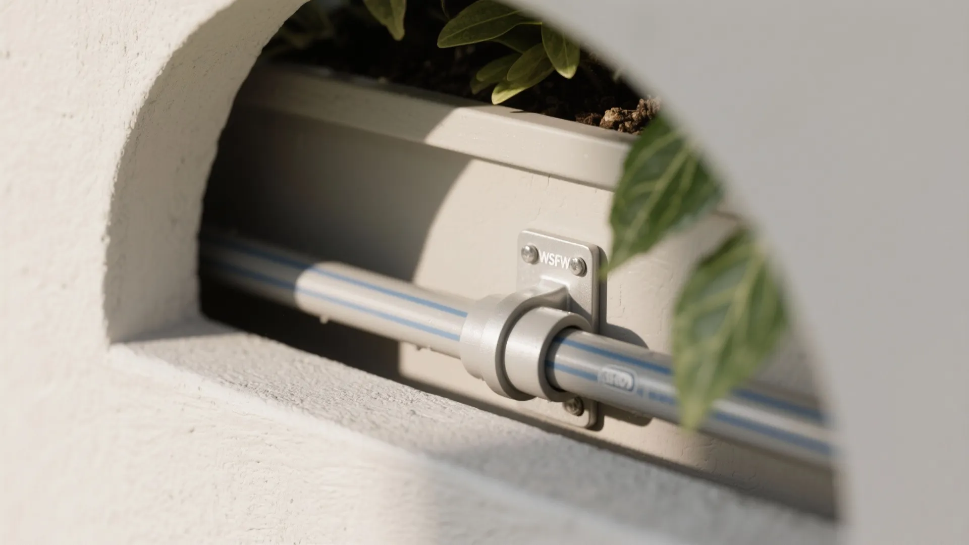 A grey water pipe secured with a metal bracket inside a white outdoor garden wall