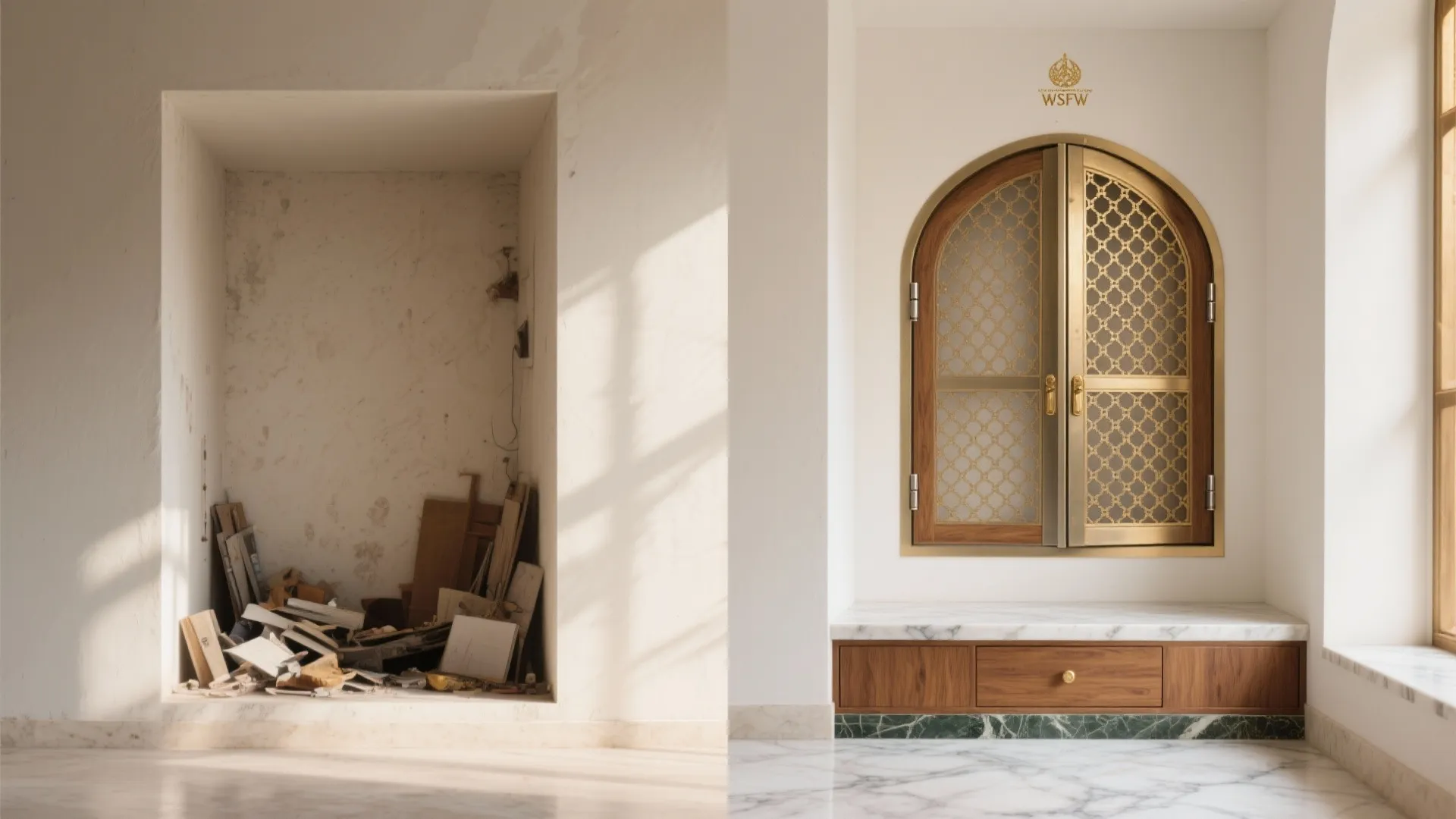 Compact niche pooja room with sliding jaali doors