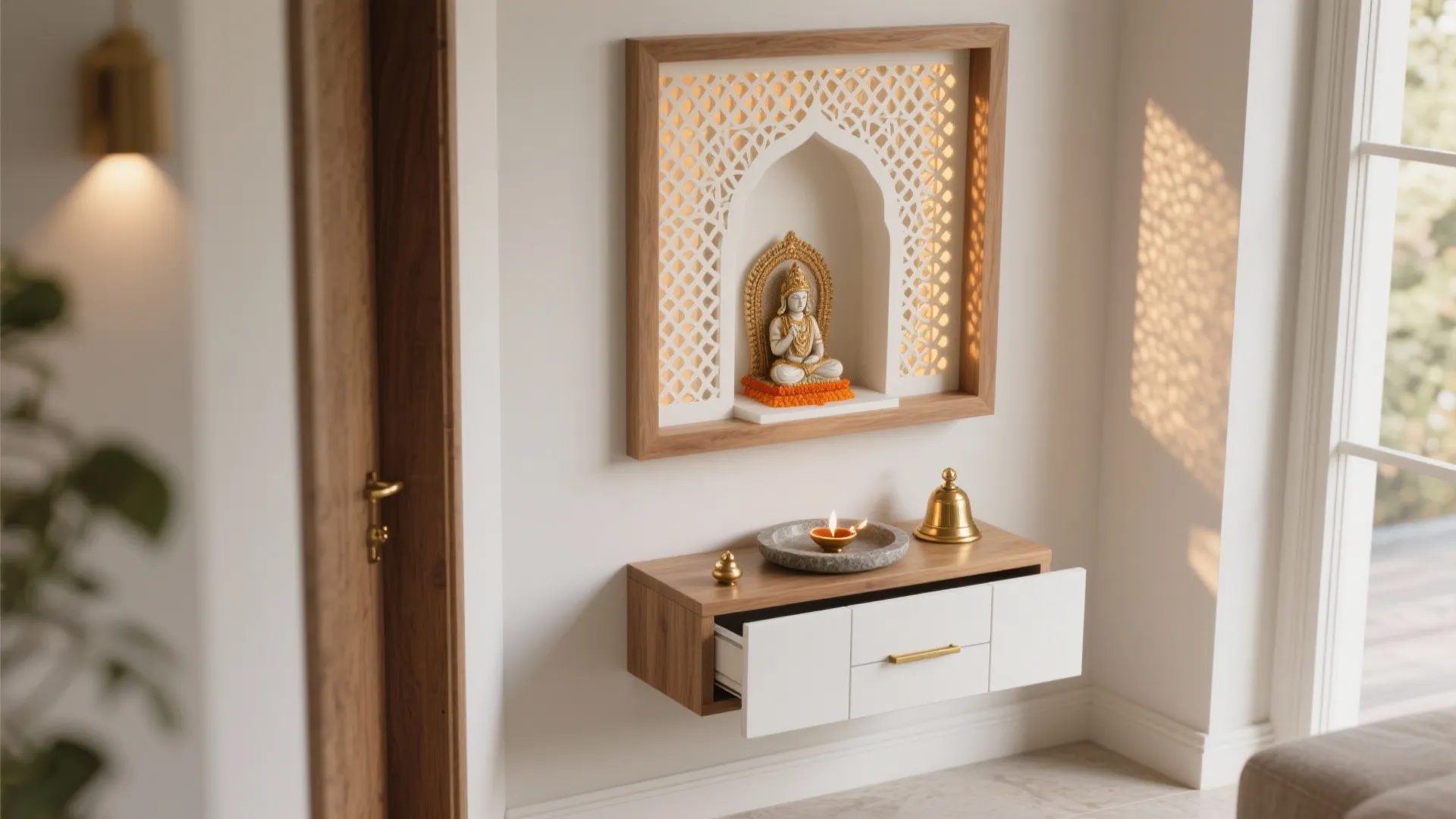 Compact Mandir Niche with Jaali and Hidden Storage
