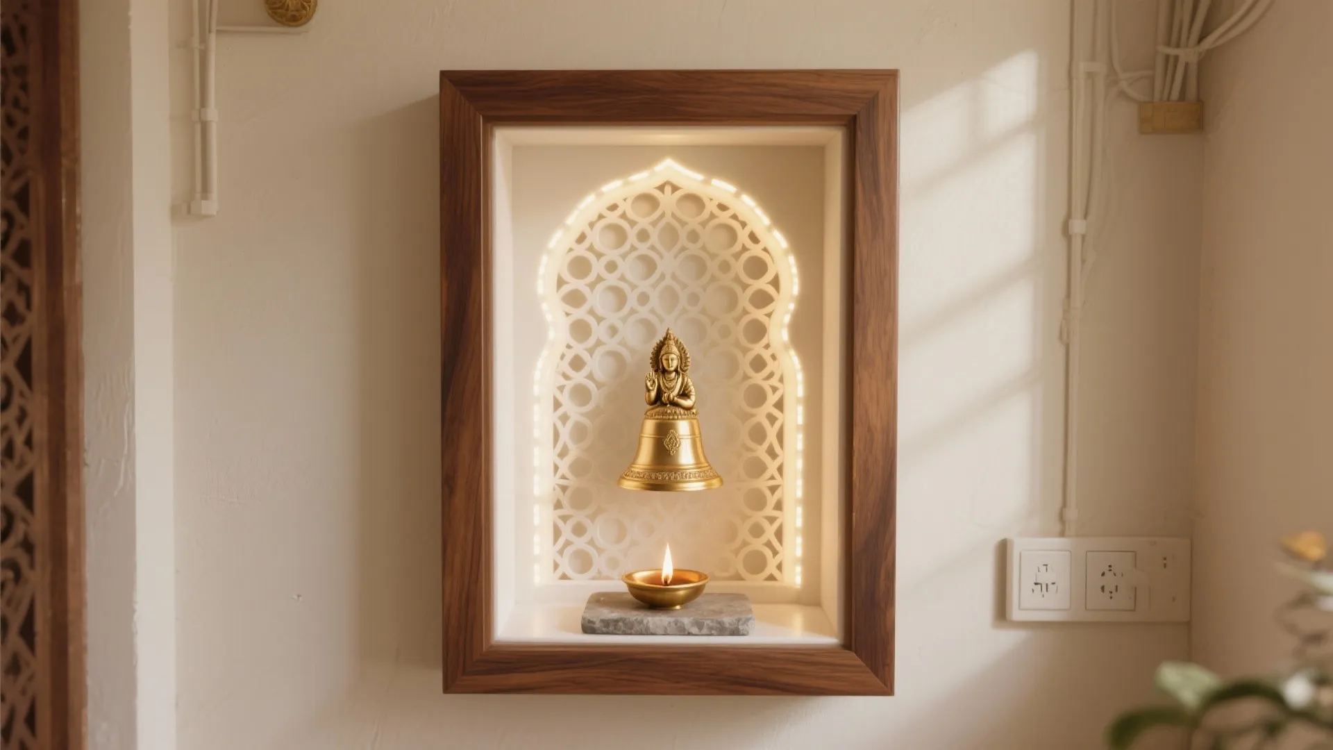 Modern wall niche with wood frame featuring a golden bell and small light on stone