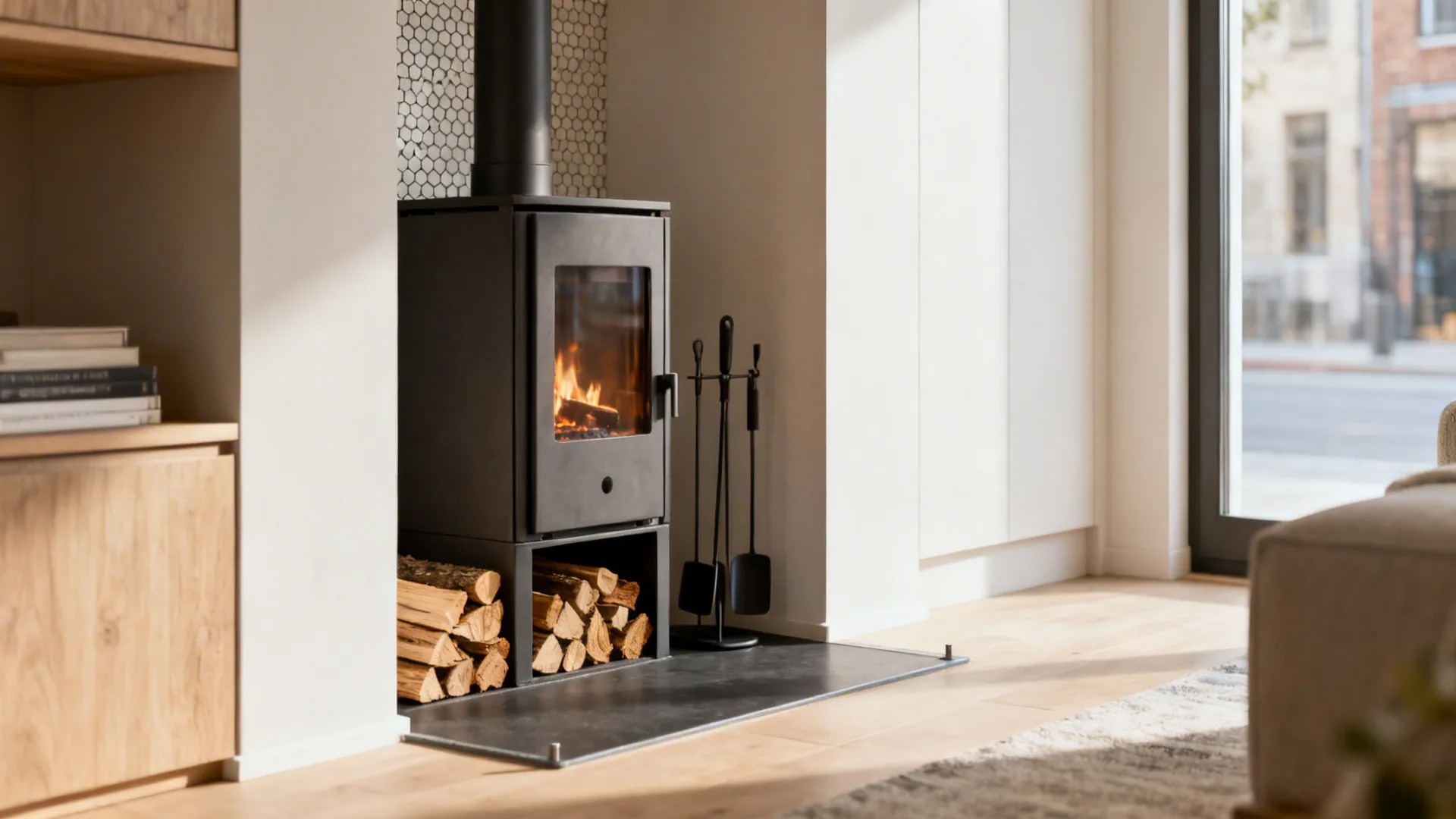 Narrow built-in niche with non-combustible backing and neatly stacked kindling beside a compact stove.