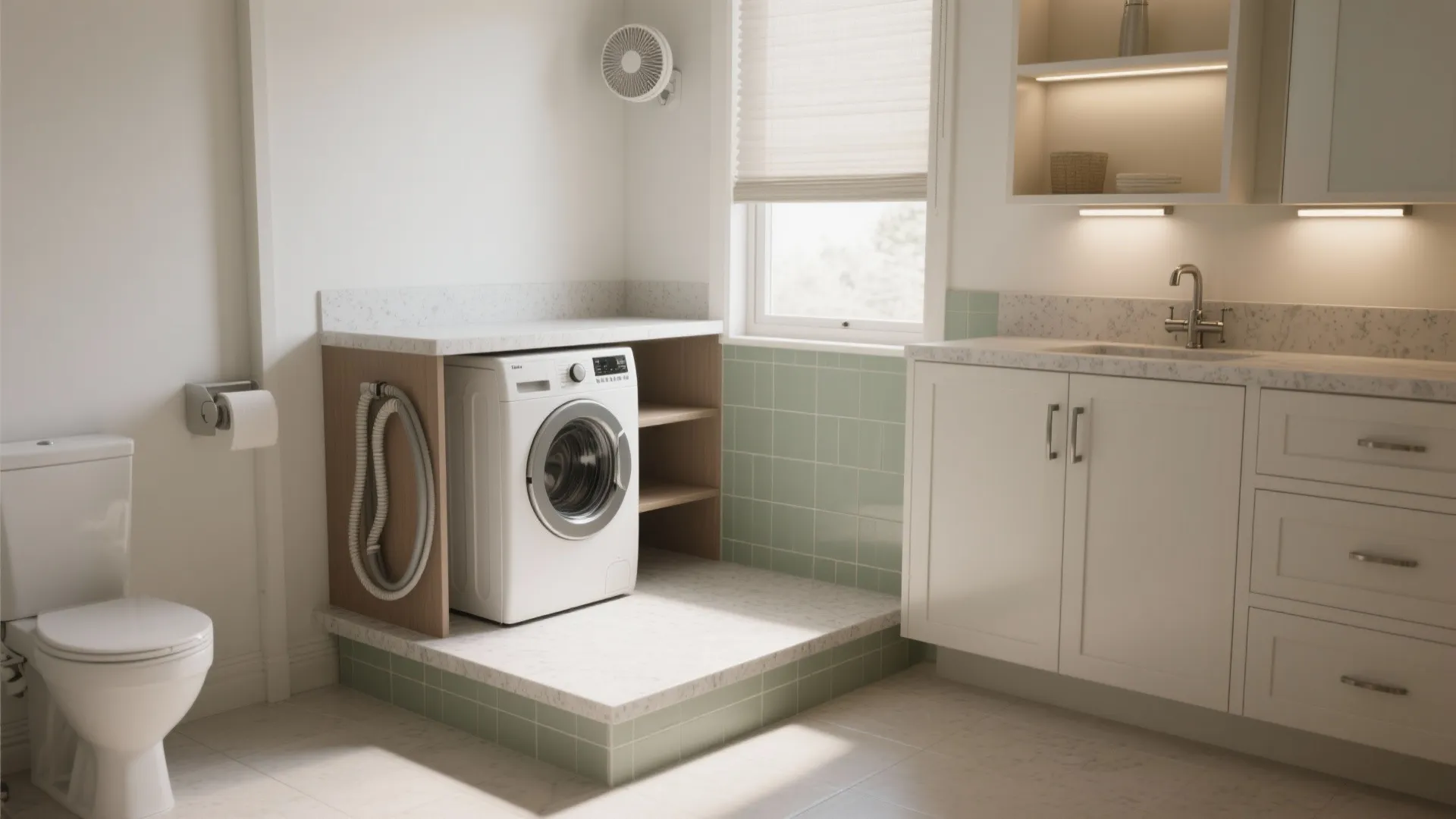 Laundry area in bathroom with washing machine under counter next to toilet and white sink