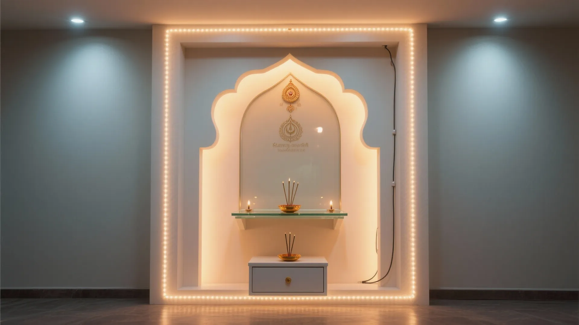 Rental-friendly niche mandir with warm backlight, micro-spot, and removable shelf.