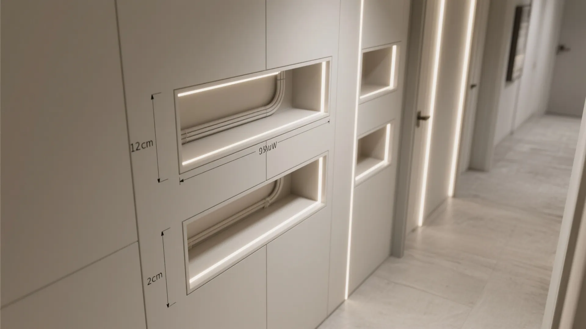 Interior wall with built in storage niches showing measurement labels and integrated warm light strips