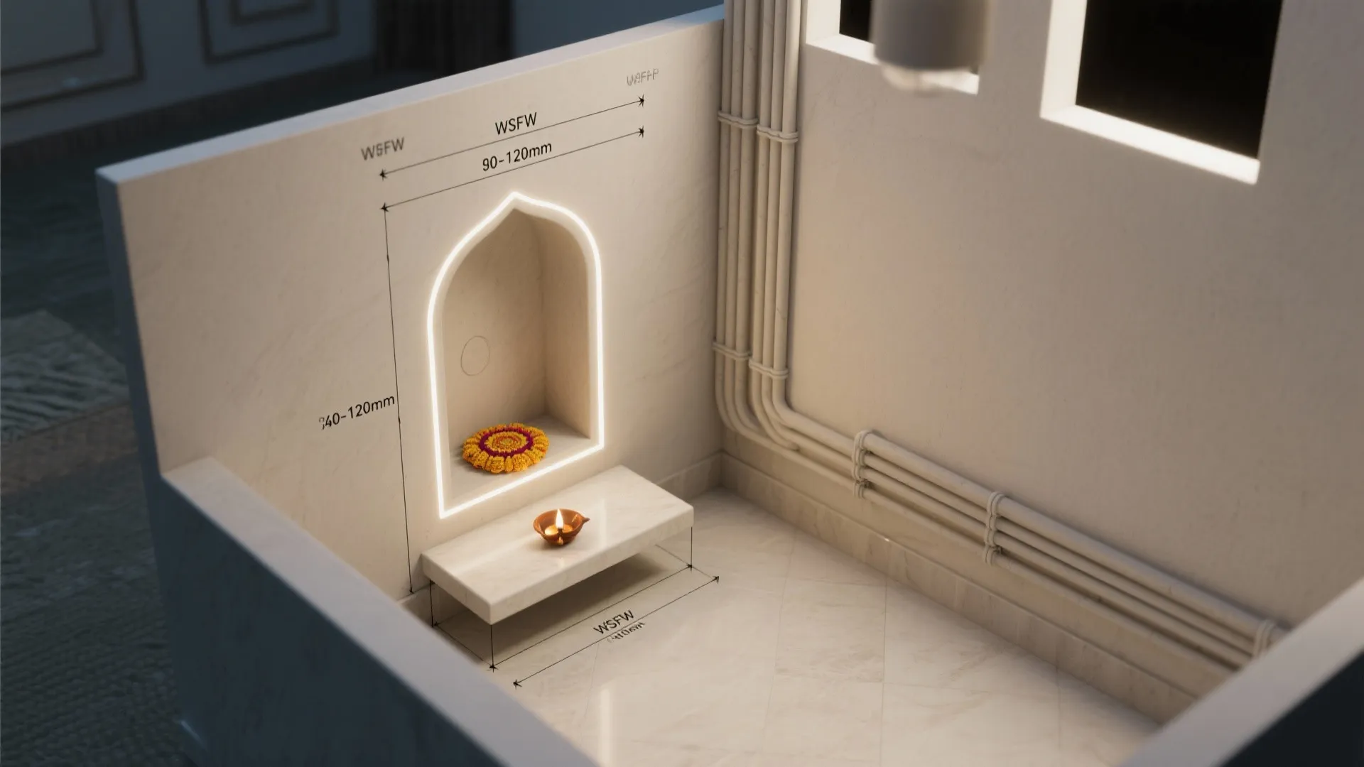 3) Satin-finish microcement with a halo niche