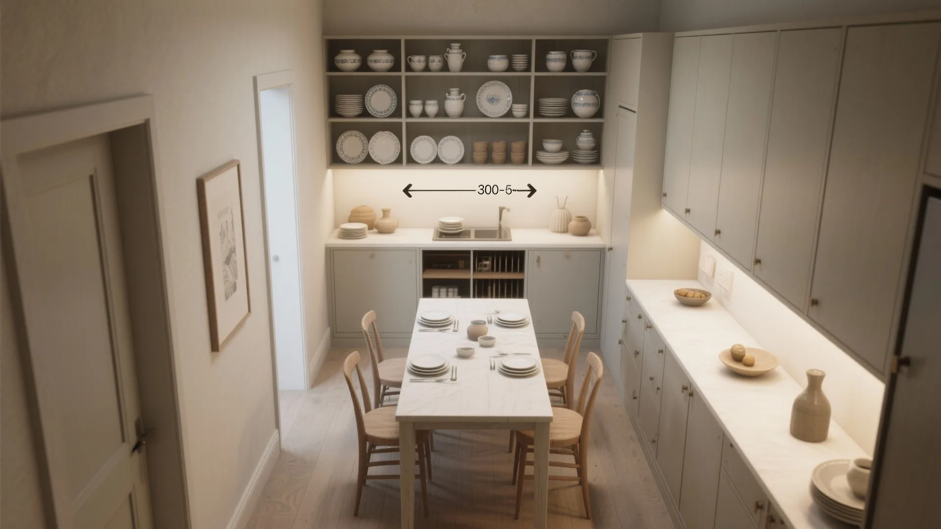 Top view of narrow dining room and kitchen area showing table with chairs and cabinets