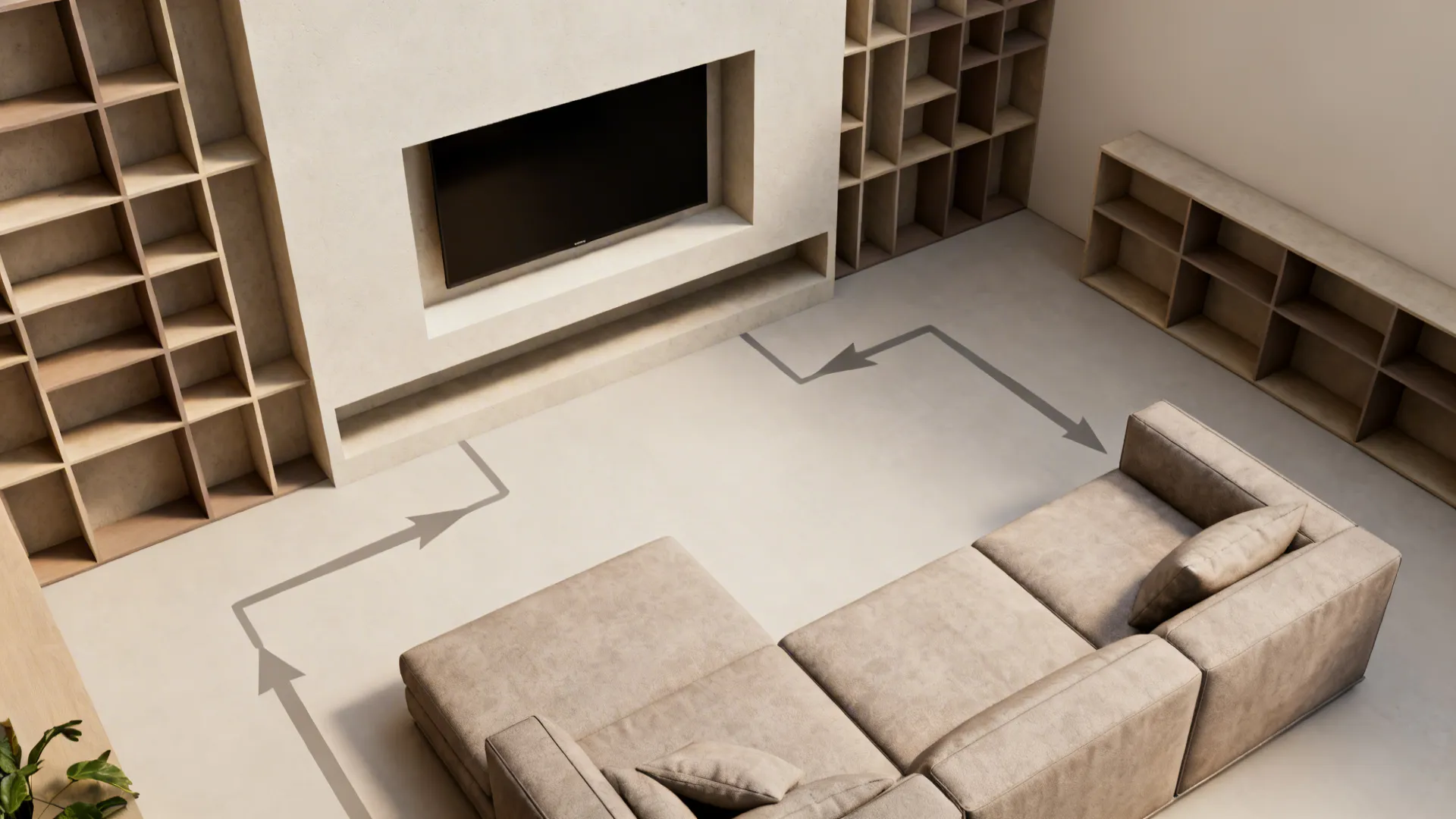 Top-down view of an L-shaped seating plan facing a recessed TV niche with asymmetrical shelves.
