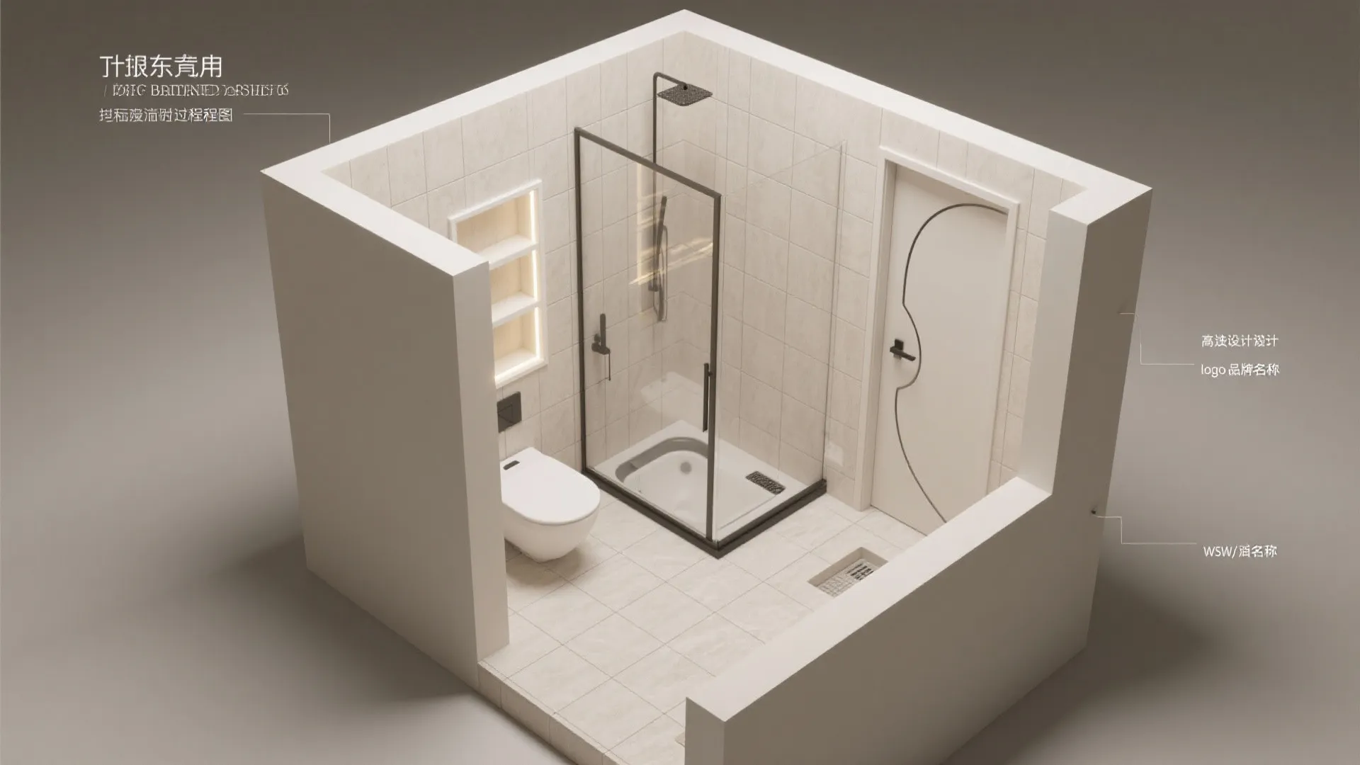 Small bathroom interior design drawing with glass shower toilet white door and lighted wall shelf
