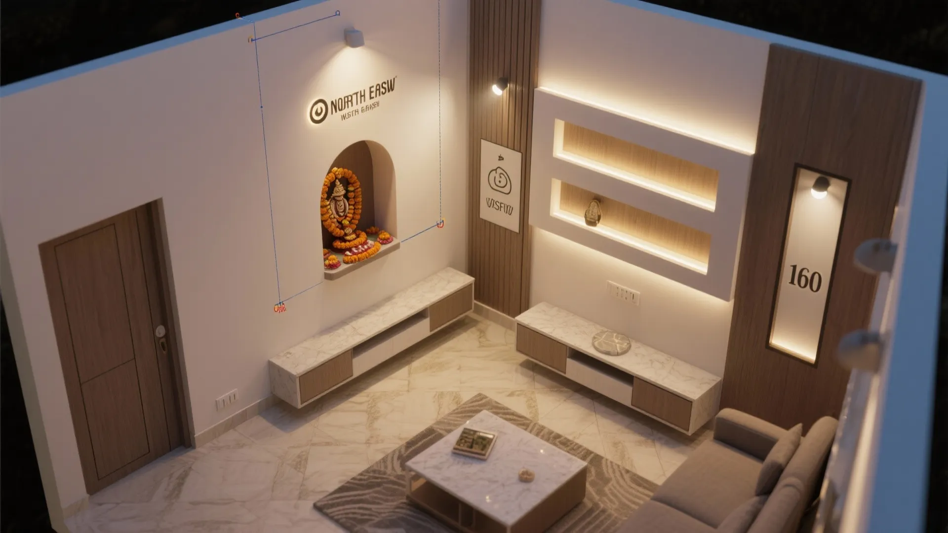 Top-down layout showing North-East wall niche pooja placement and clear circulation.