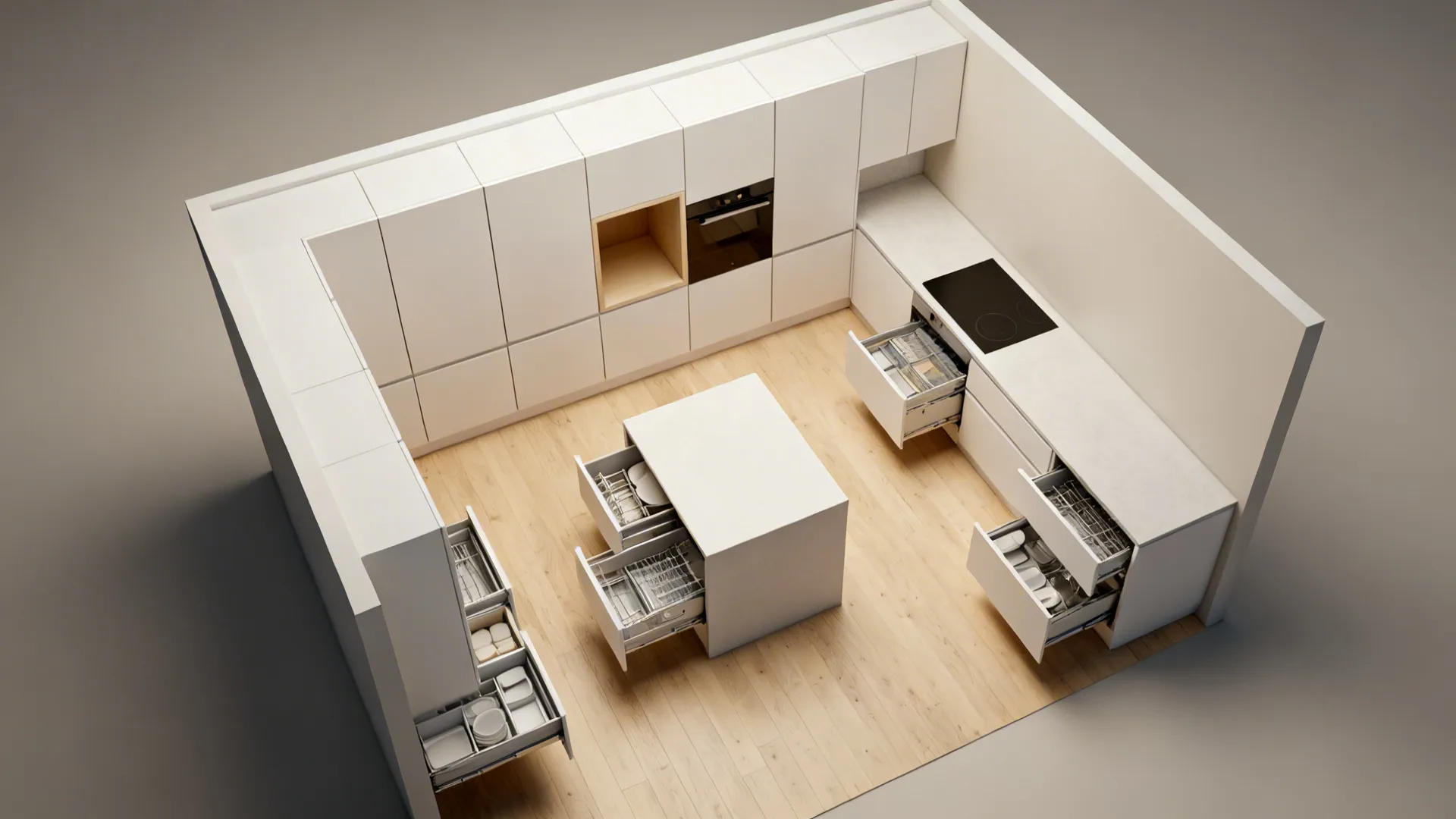 Top-down view of a small kitchen with a tall cabinet run and a central counter niche.