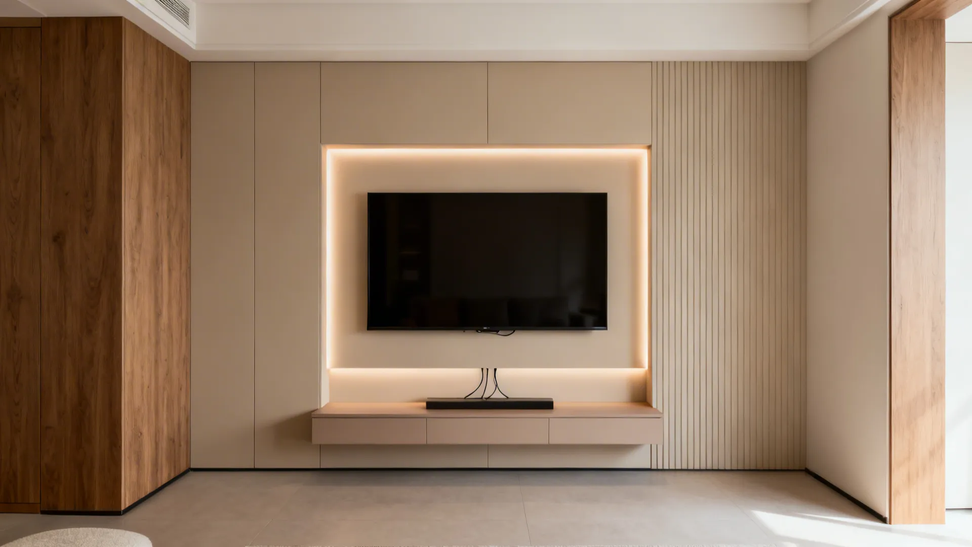 Compact living room with a fitted TV wall and warm LED halo highlighting a shallow niche.
