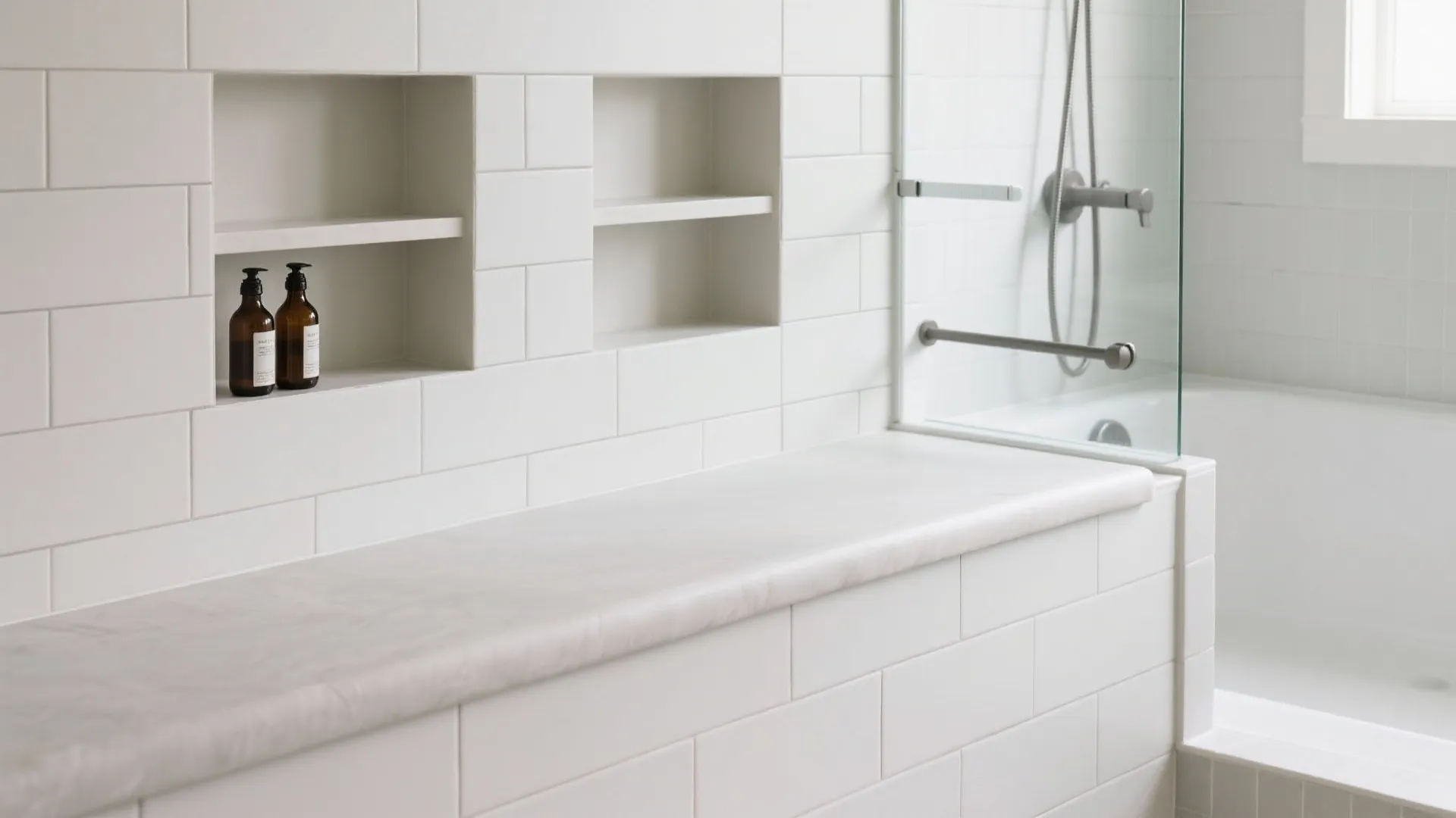 White tiled bathroom wall with built in shelves holding bottles near a white bathtub area