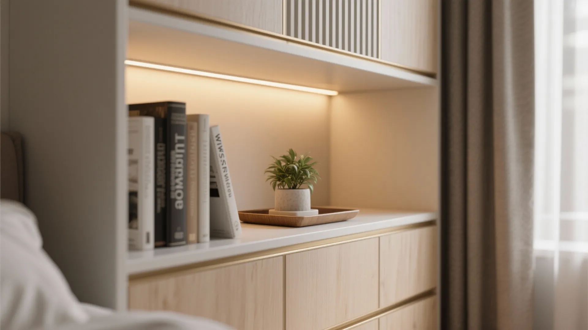 Wooden wall cabinet with integrated warm light fixture illuminating books and a small potted plant