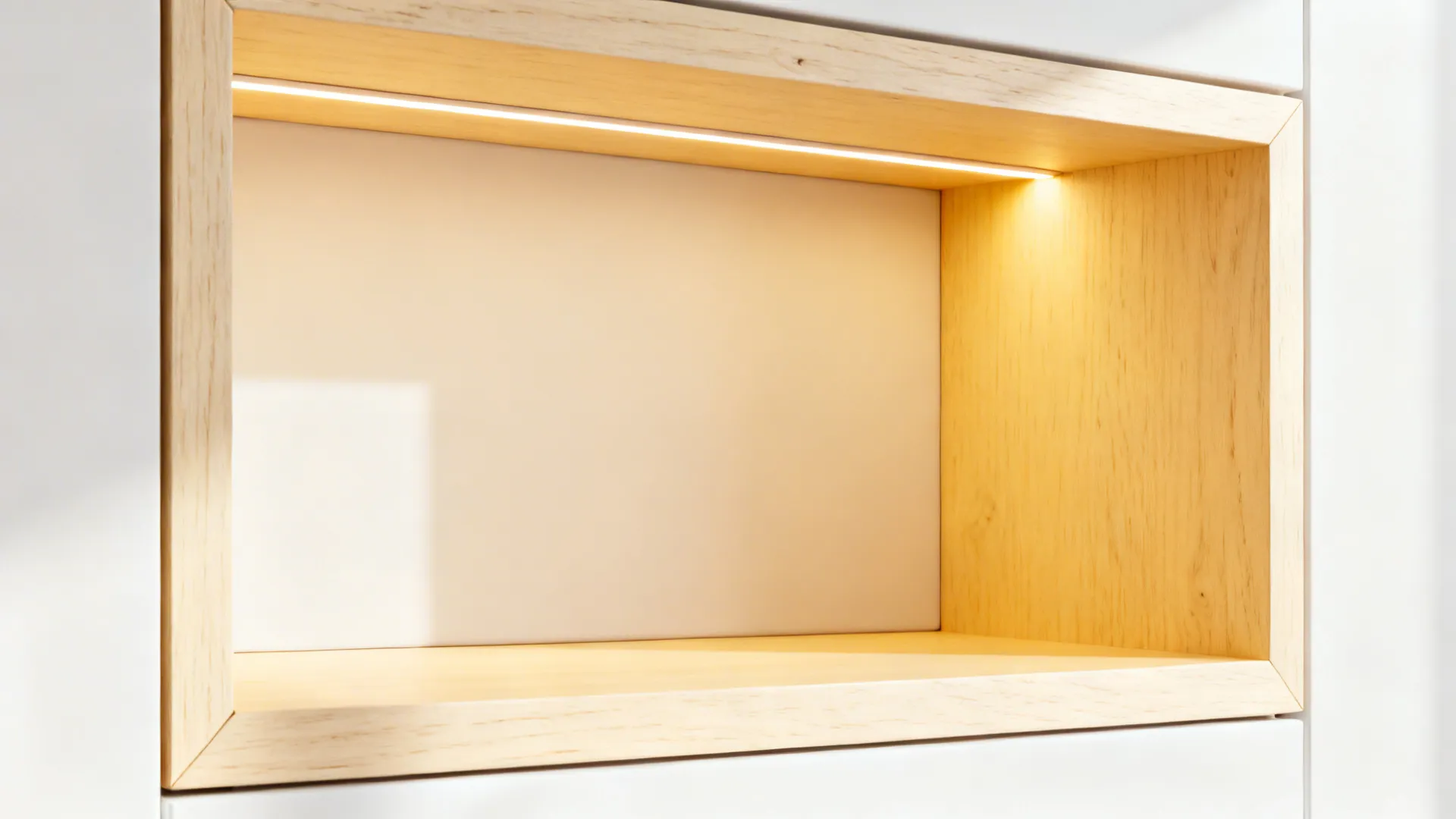 Close up of wooden wall shelf with built in warm light inside a white wall