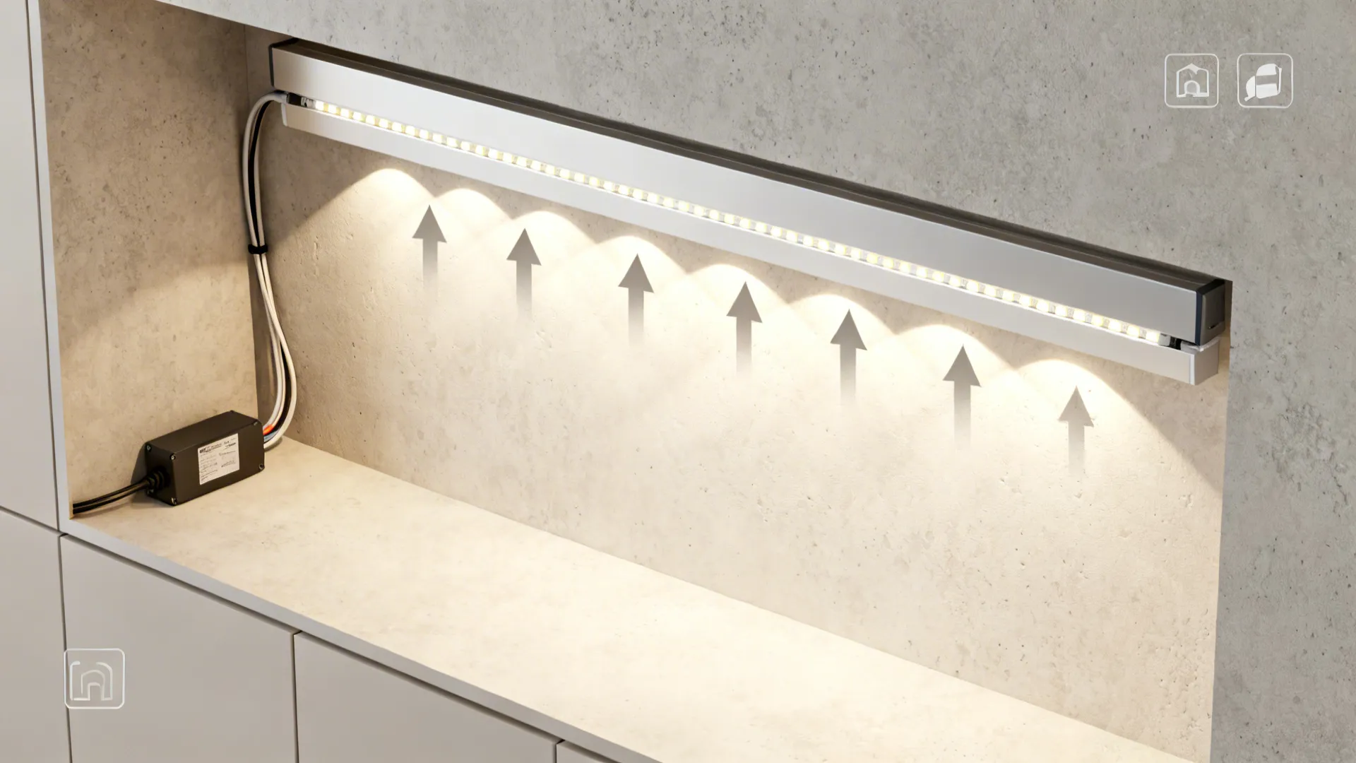 Top-down visualization of an LED channel and diffuser lighting a microcement wall niche.