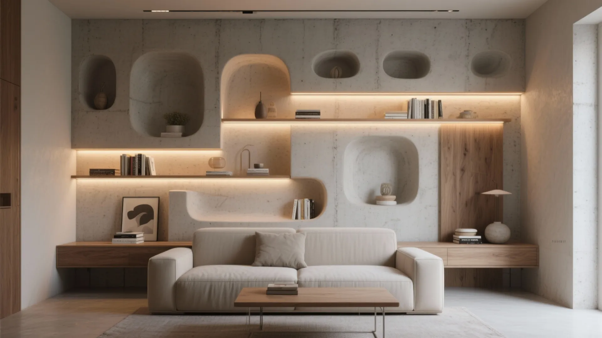 Sculptural niche shelving with integrated lighting