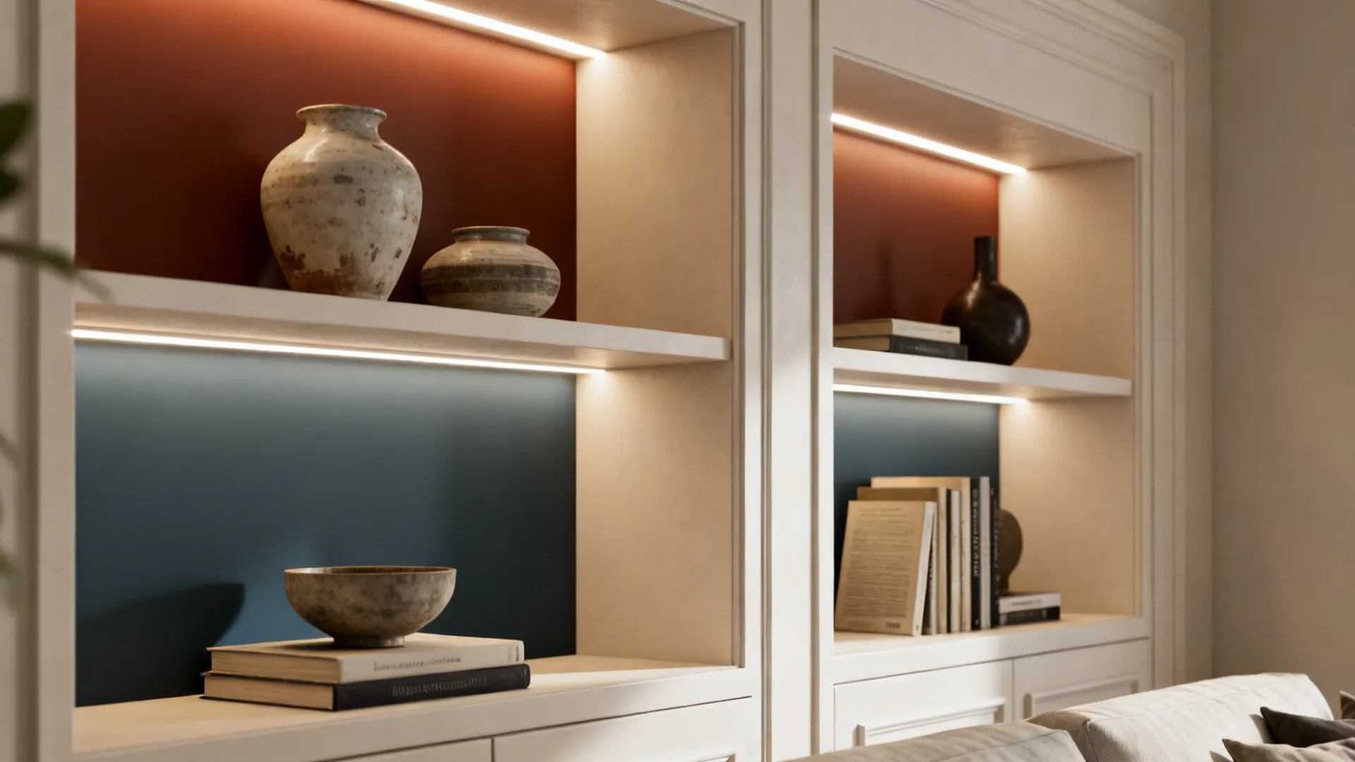 Built-in wall niches with LED lighting and contrasting back panels displaying decor