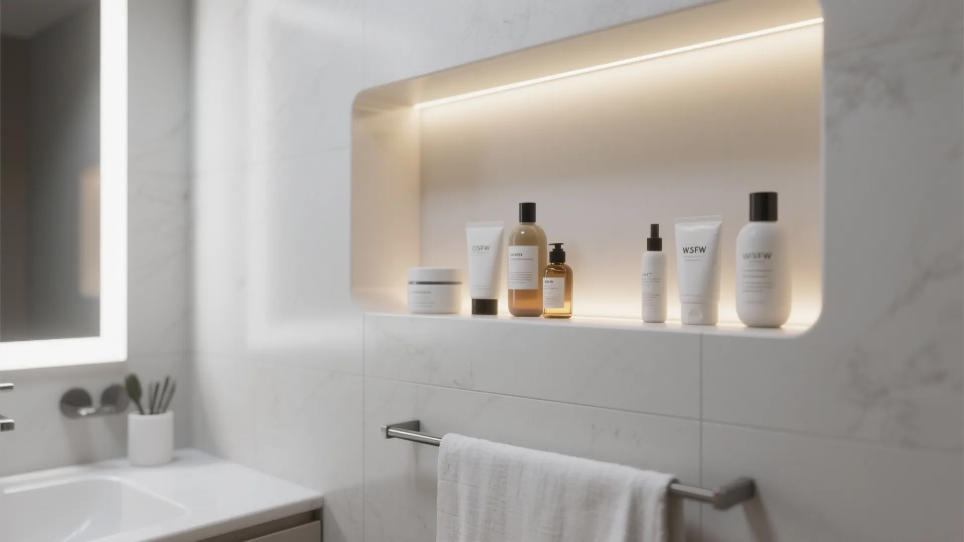 Bathroom wall shelf with hidden light strip holding skin care products near a white towel