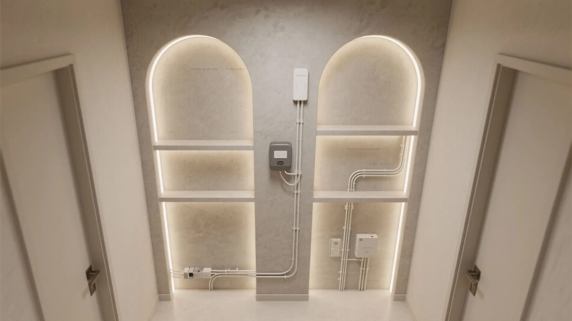 Two arched wall niches with built in shelves hidden light strips and exposed white wires