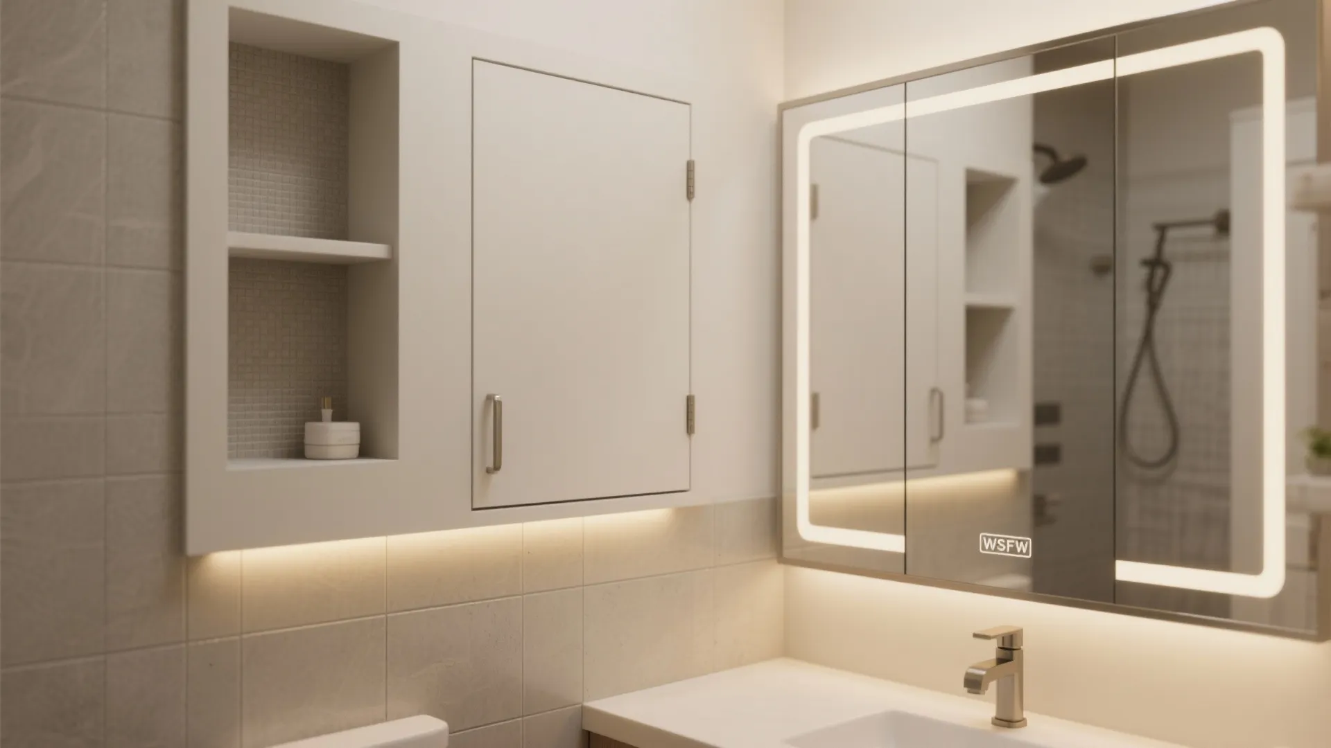 White bathroom cabinet with open shelves next to a modern mirror with built in light