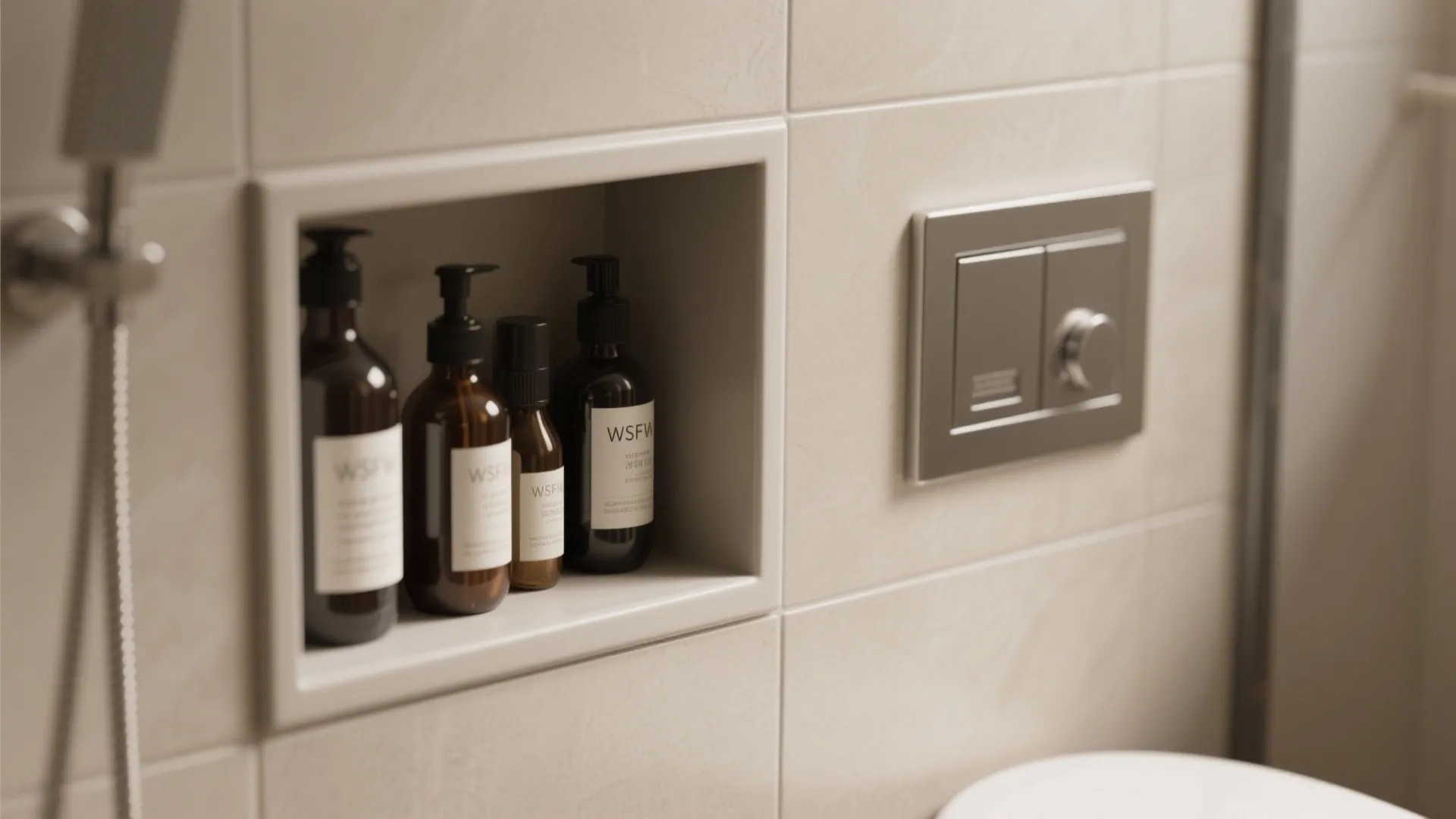 Close-up of wall niche holding four brown soap bottles next to a silver flush button