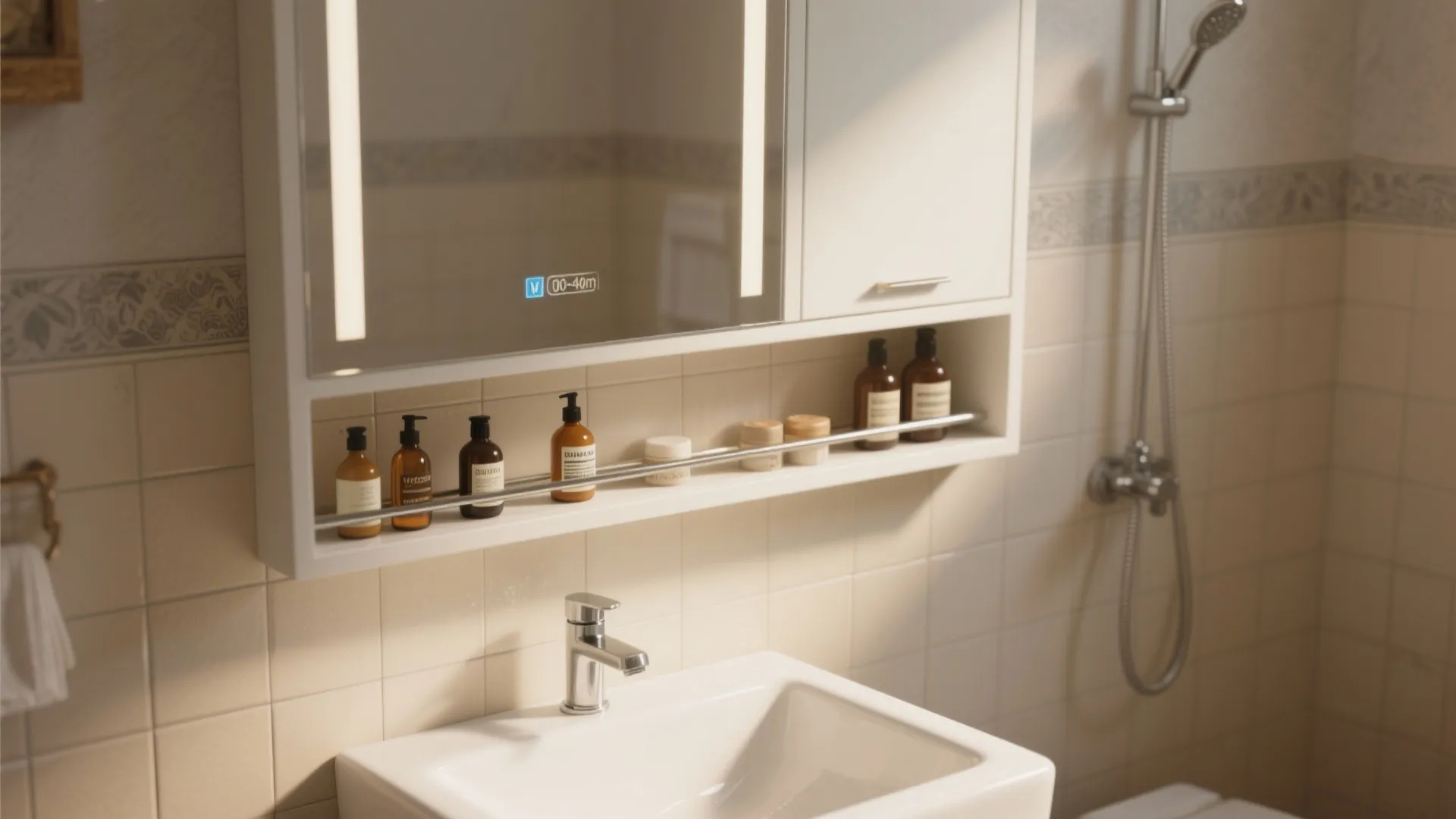 White bathroom cabinet with smart mirror and open shelf holding bottles above a white sink