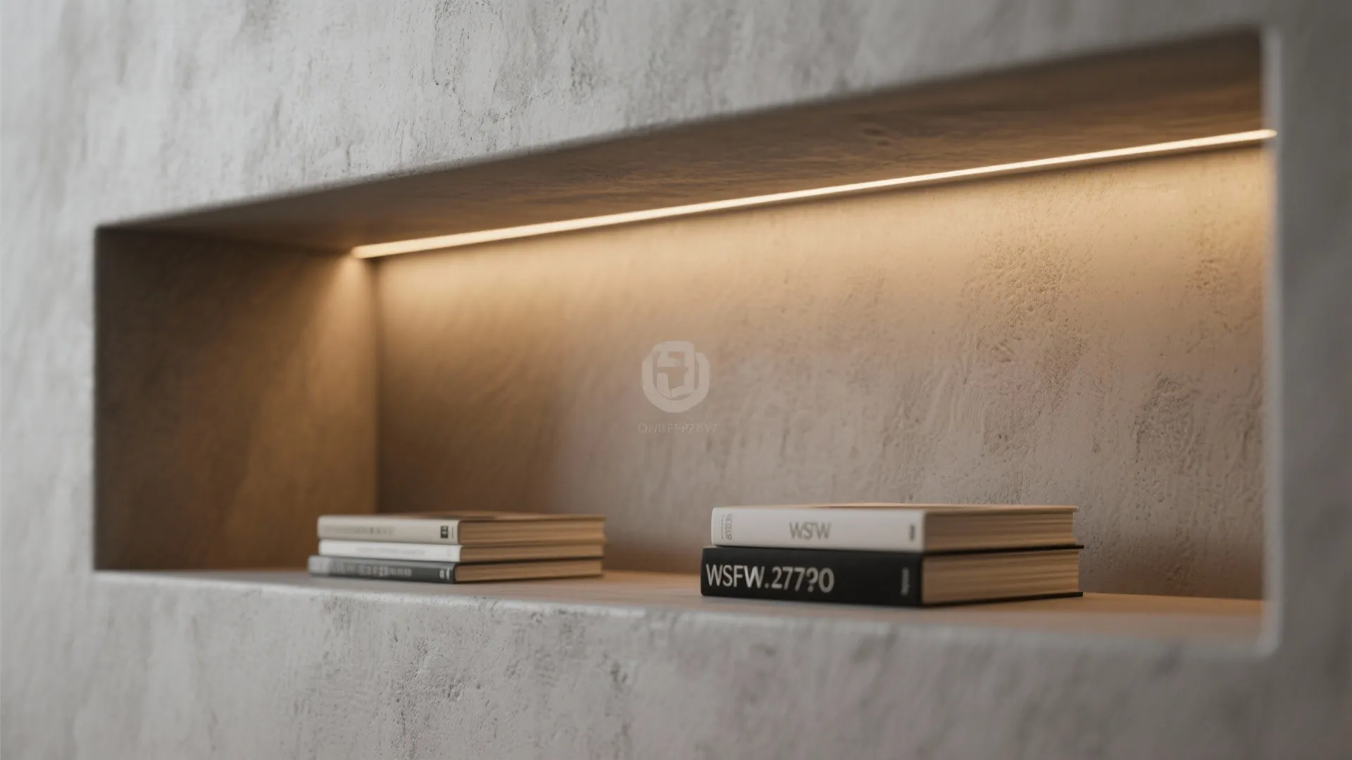 Close up of a built in wall shelf with warm strip lighting and several books