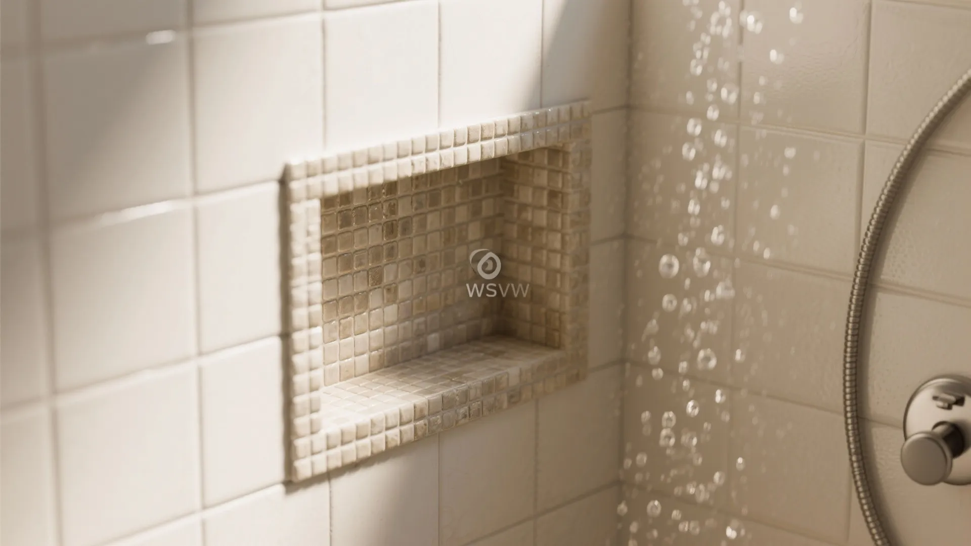 Close up of a built in shower wall shelf with mosaic tiles and water droplets