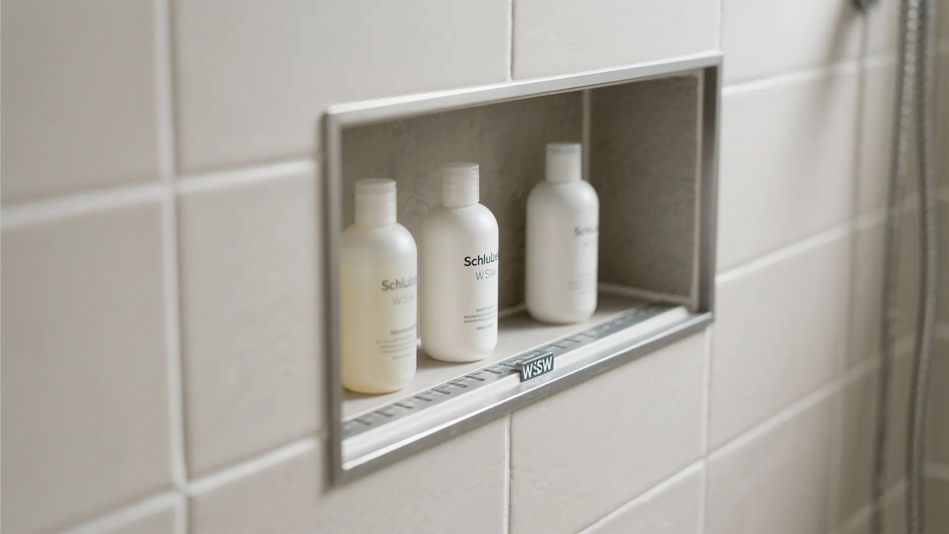 Built in wall shelf inside tiled shower area holding three white bottles for shampoo and soap