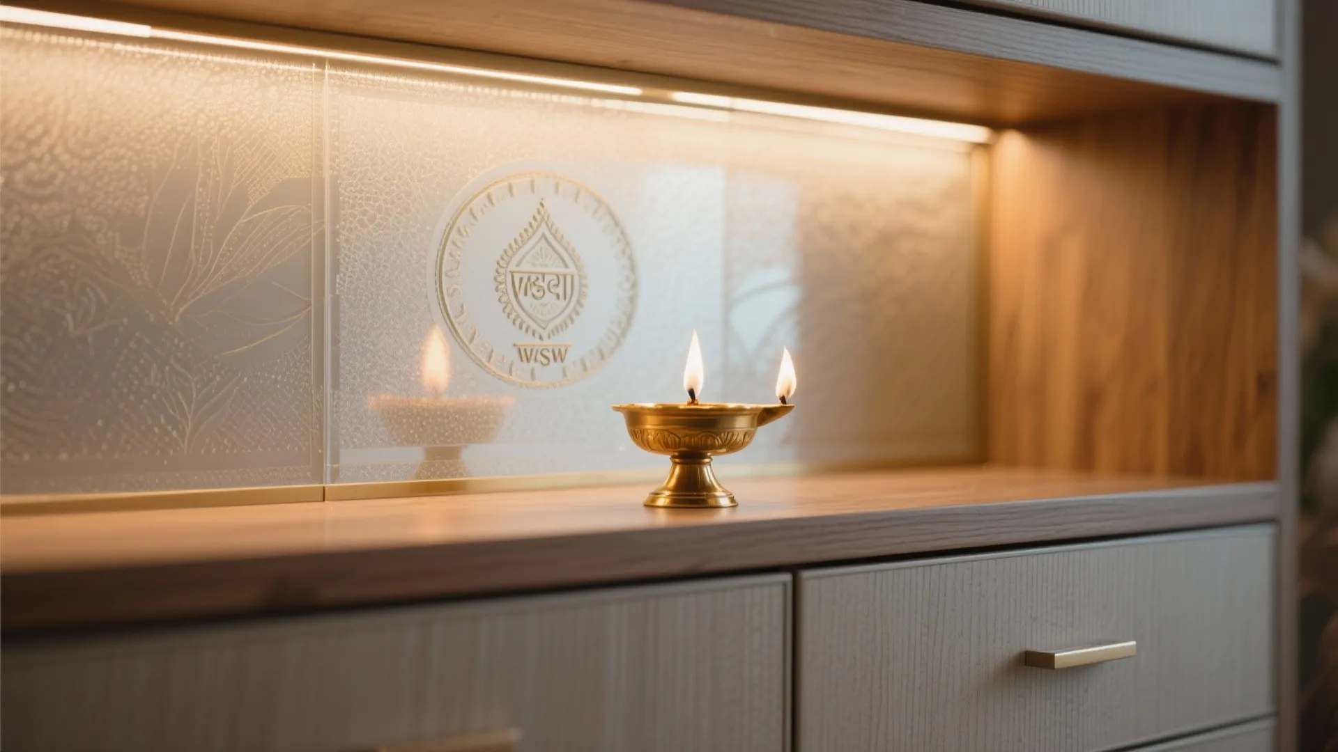 Close up of a small gold oil lamp sitting on a wooden cabinet with light panel