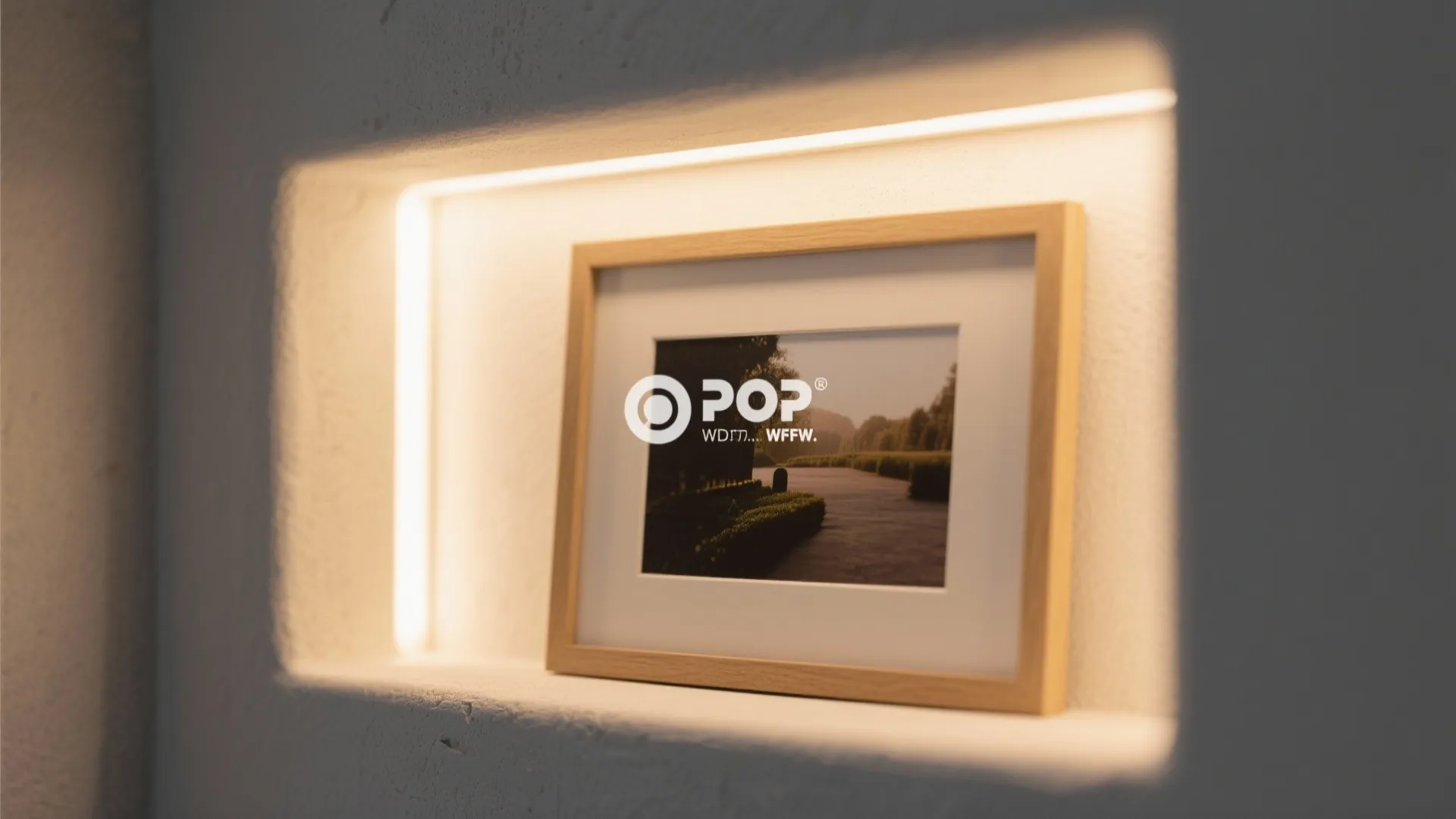 Close up of a recessed wall niche with a wood picture frame and warm light